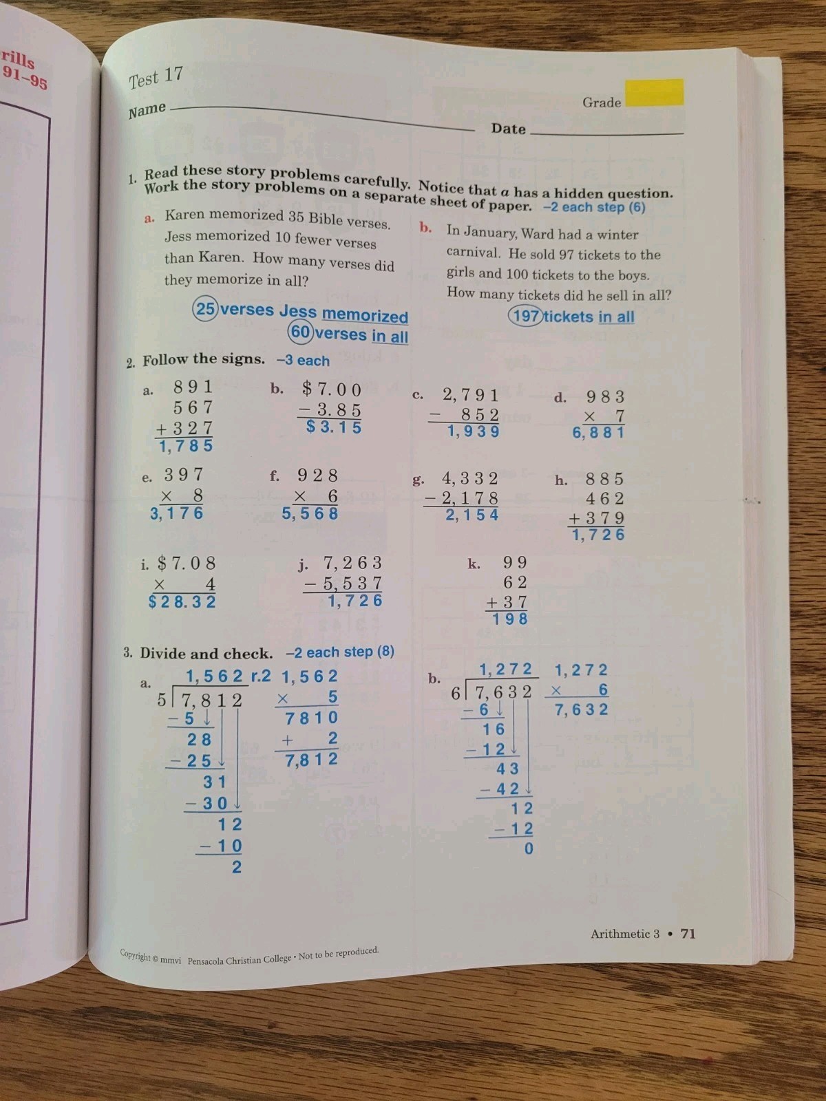 Abeka Arithmetic Grade 3 Math Tests And Speed Drills, Answer Key Printed 2015