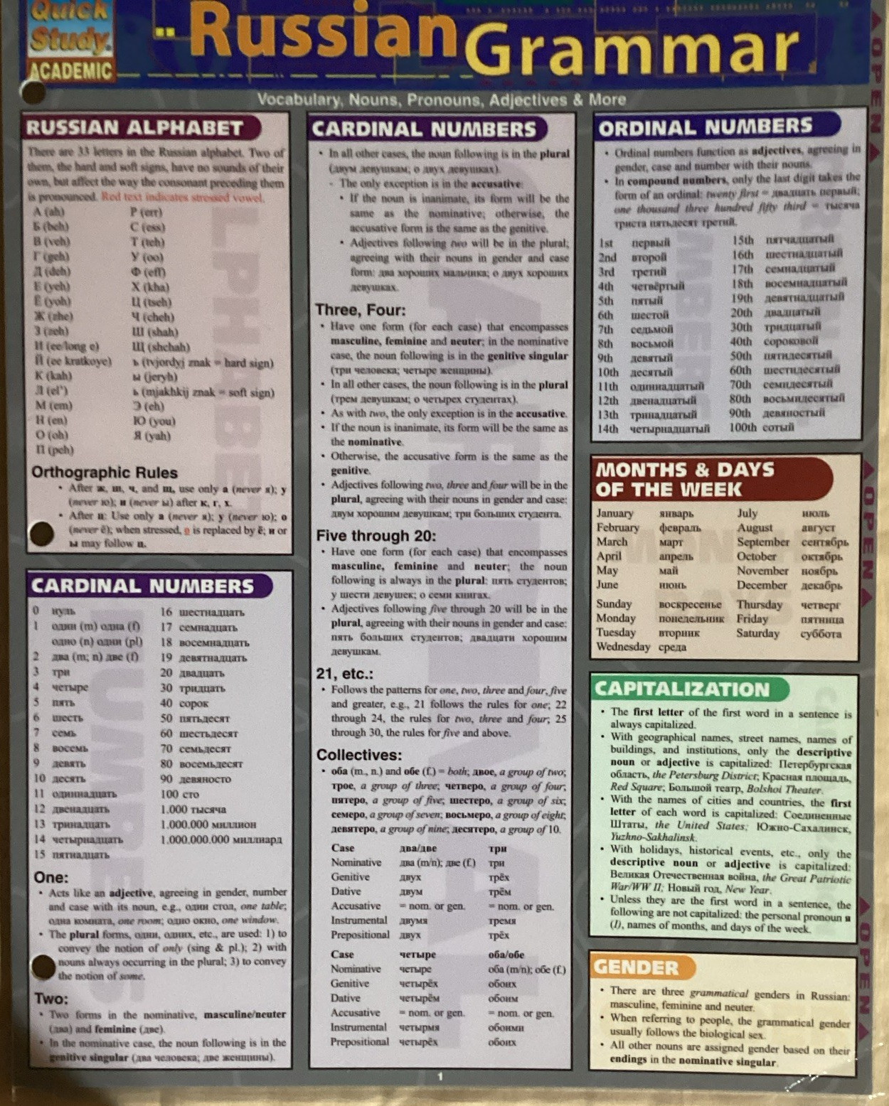 BarCharts QuickStudy Academic Russian Grammar Laminated Study Guide Book