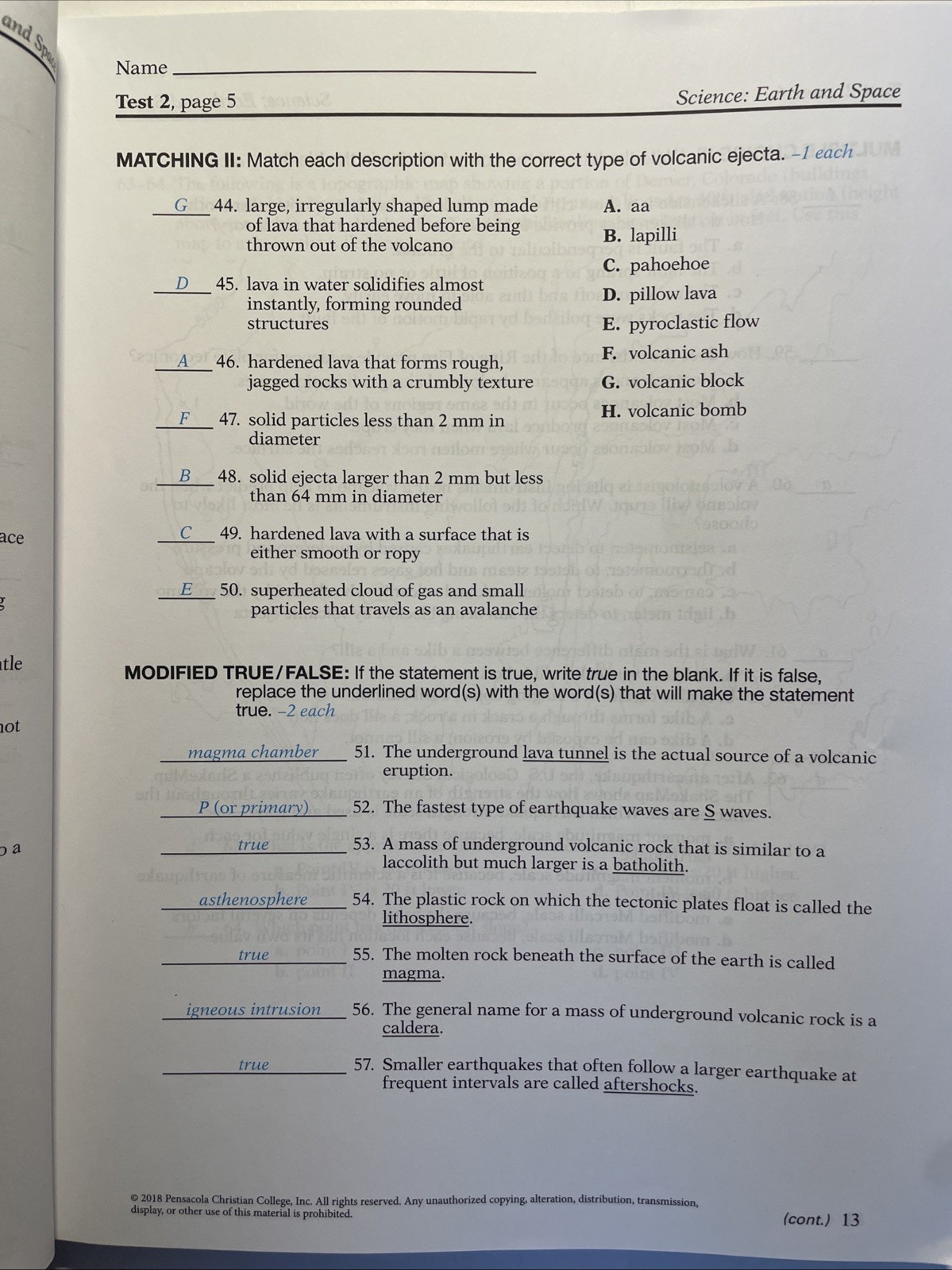 ⚡️🔑ABEKA 8th Grade SCIENCE EARTH AND SPACE Teacher Test Key