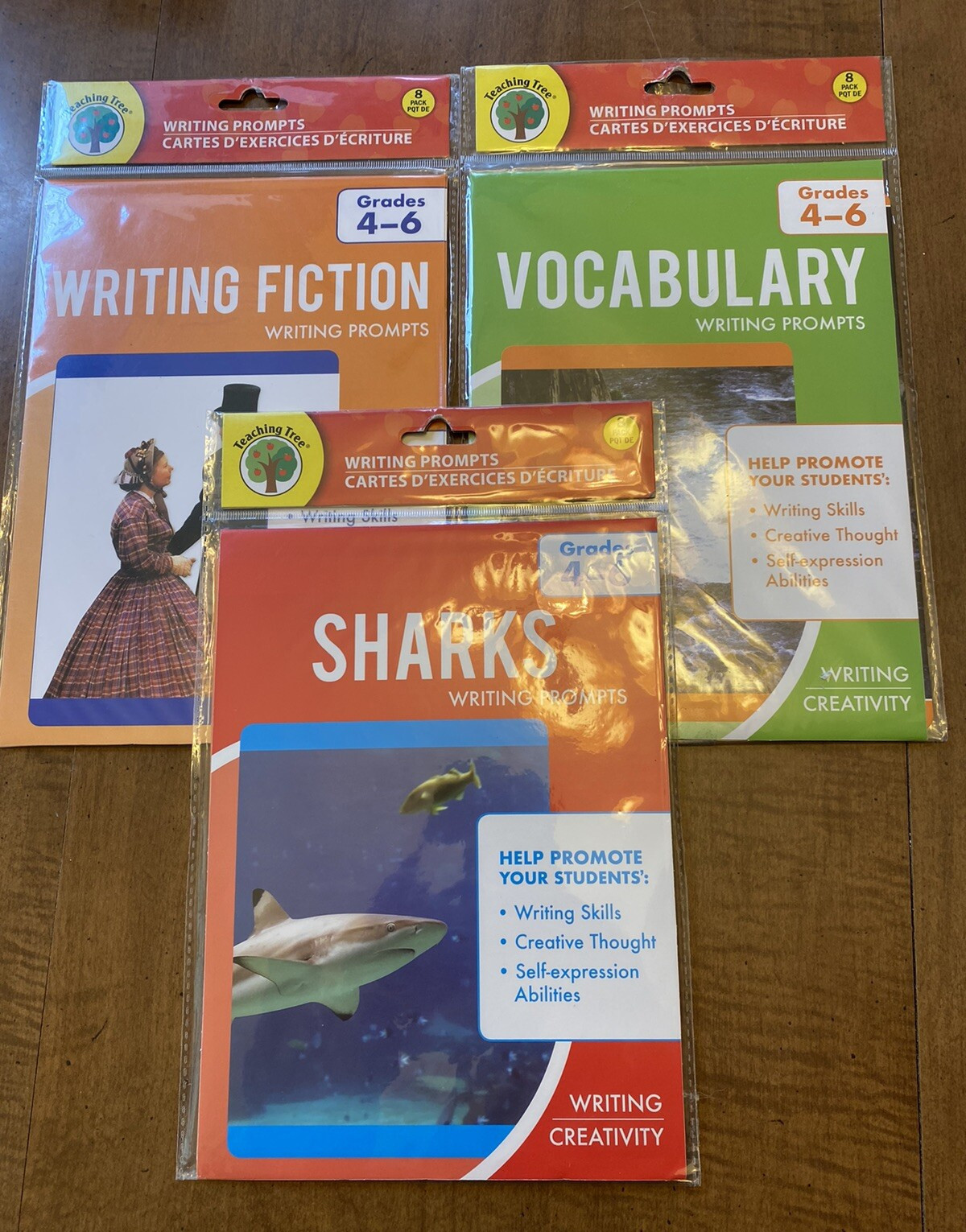 Teaching Tree Writing Prompts Grades 4-6: Sharks, Vocabulary, Fiction – 3 pkgs