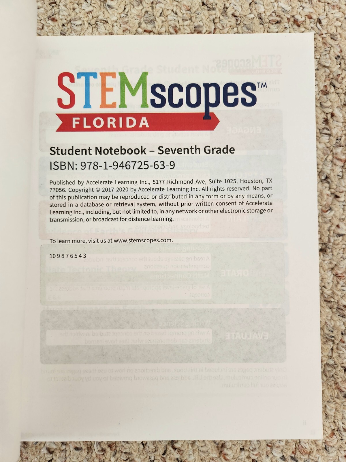STEMscopes Florida Student 7th Grade Notebook by Accelerate Learning Inc.,- NEW