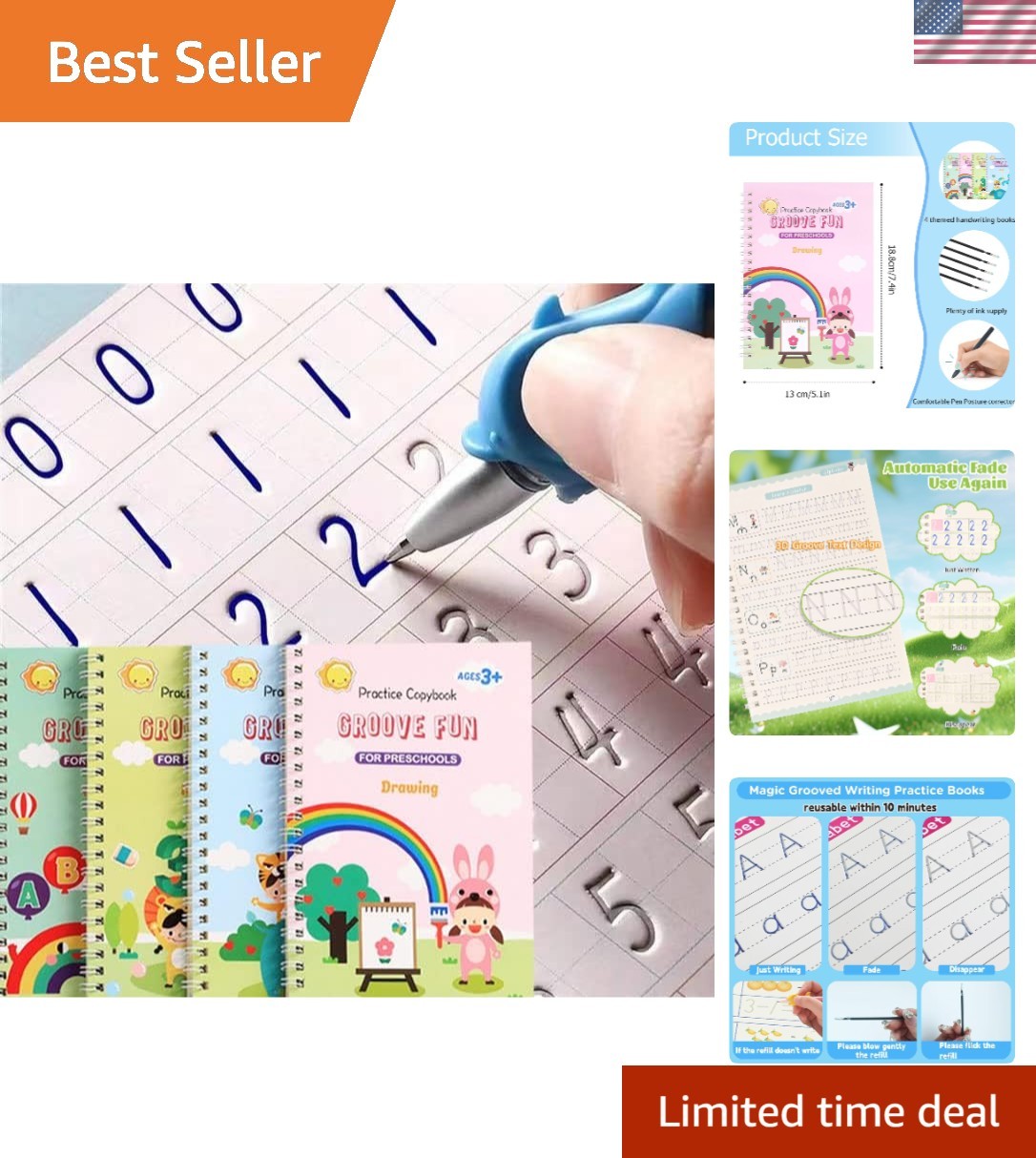 Grooved Handwriting Practice for Preschoolers: 4 Books with Magic Ink & Refills