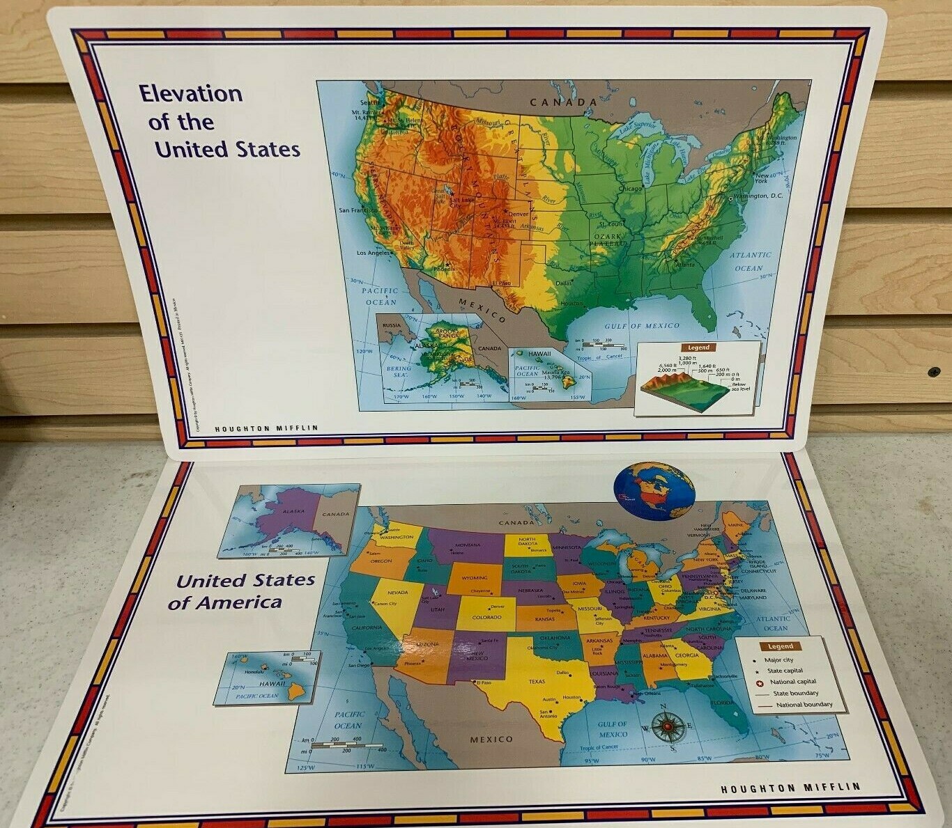 Lot of 25-2 Sided Laminated UNITED STATES MAPS-1 Elevation 2 States/Capitals