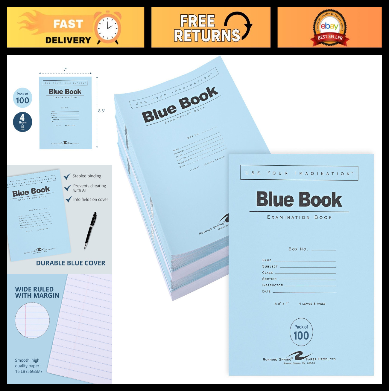 100 Exam Blue Books, 8.5″ x 7″, Wide-Ruled Test Booklets, 4 Sheets/8 Pages, USA