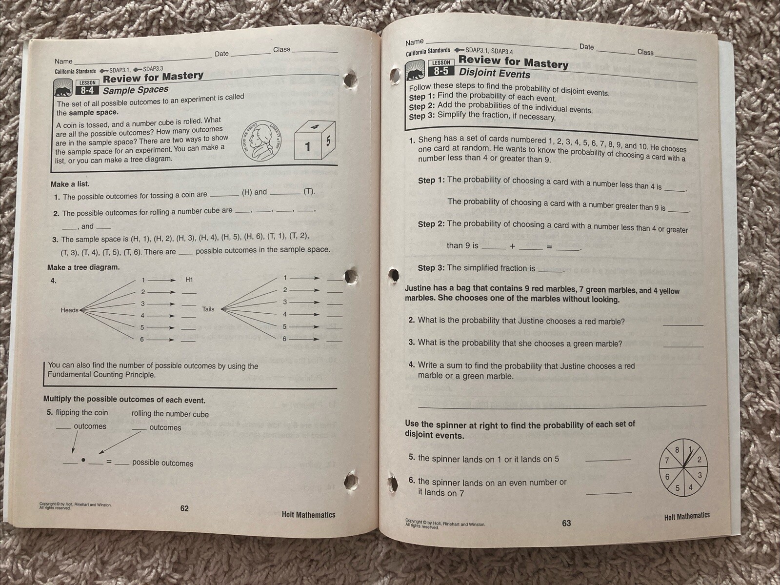 Holt California Workbook Homework Practice Mastery Grade 6/7/8 Algebra 1