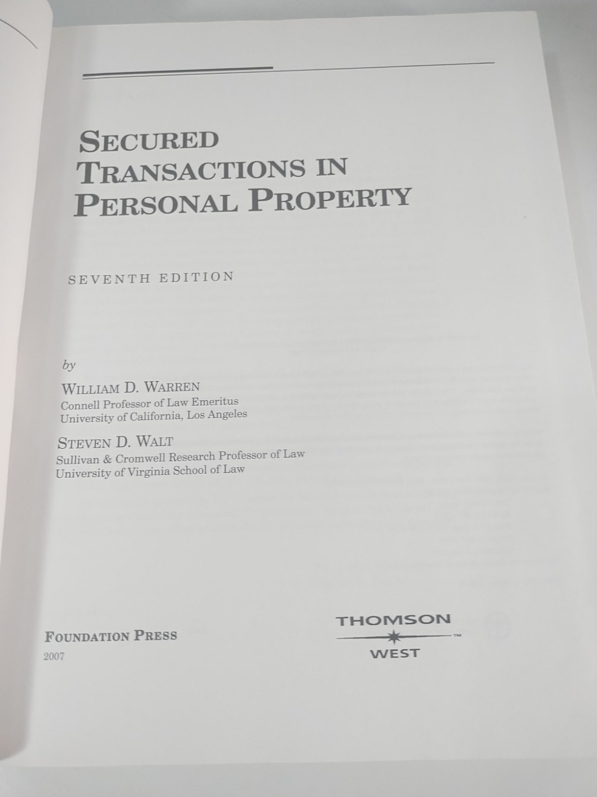Secured Transactions In Personal Property by William Warren & Steven Walt HC