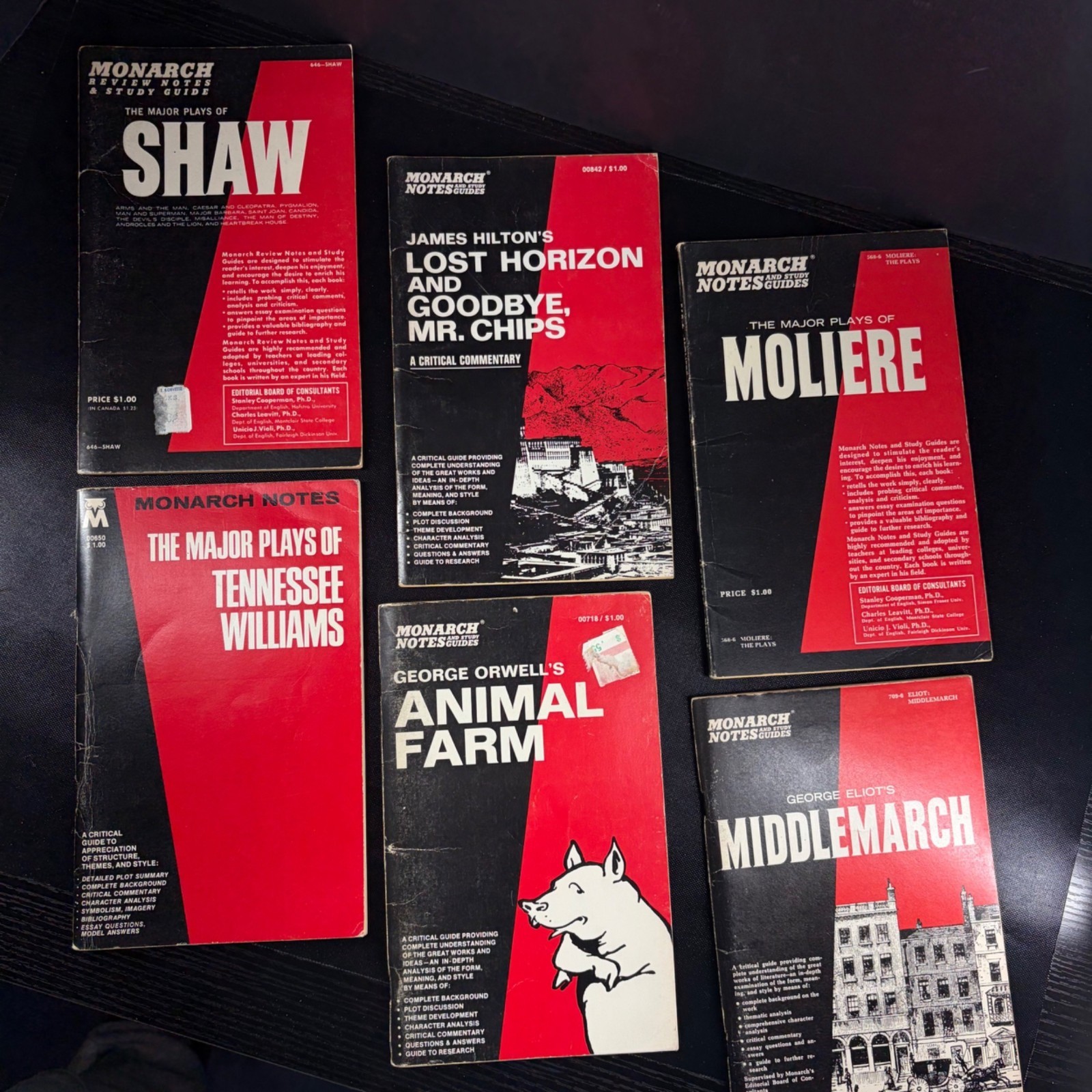 Set Of 6 Monarch Notes Study Guides: Shaw Tennessee Williams Lost Horizon Molier