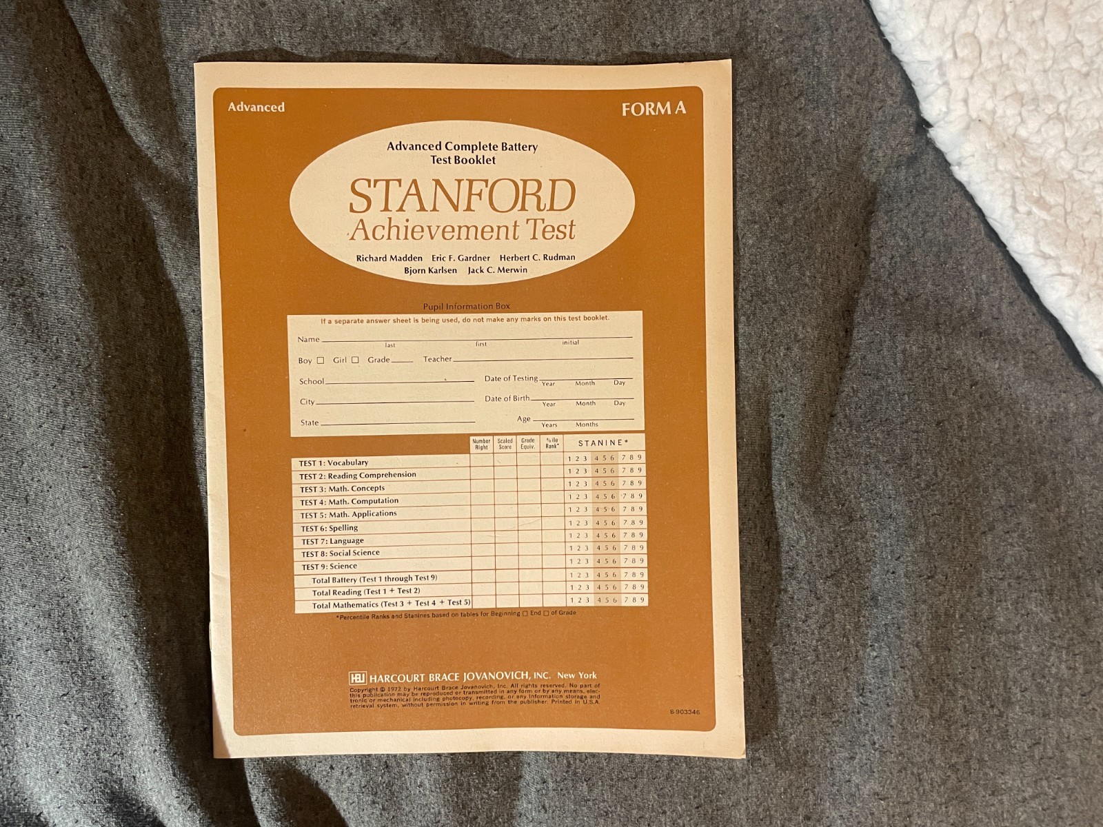 Stanford Achievement Test 1972 Advanced Booklet Vintage Harcourt Brace Form A
