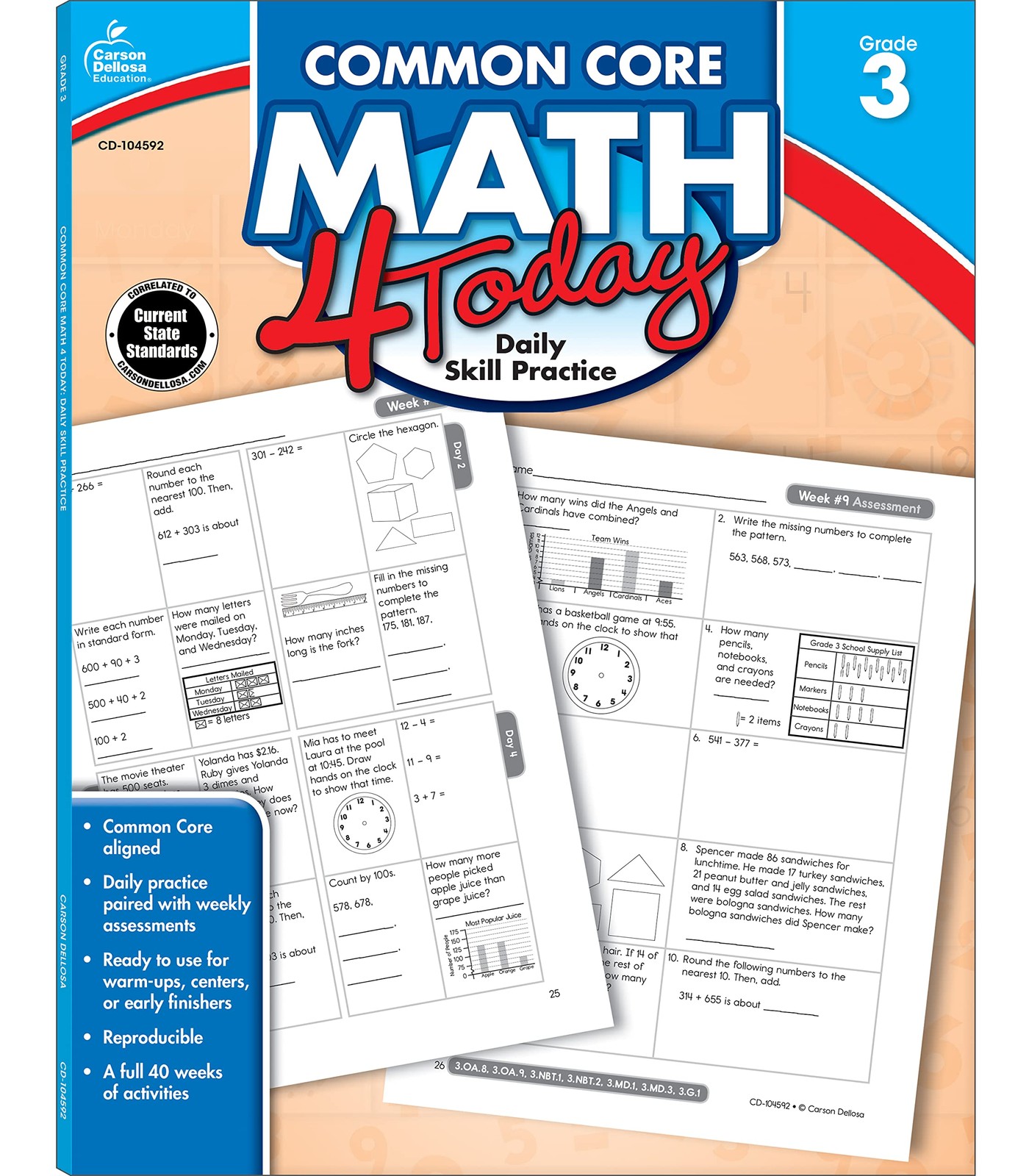 Carson Dellosa Common Core Math 4 Today 3rd Grade Workbooks, Telling Time, F…