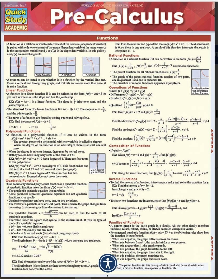 Quick Study Bar Chart: Pre-Calculus Laminated Study Guide; Boost Grades BrandNew