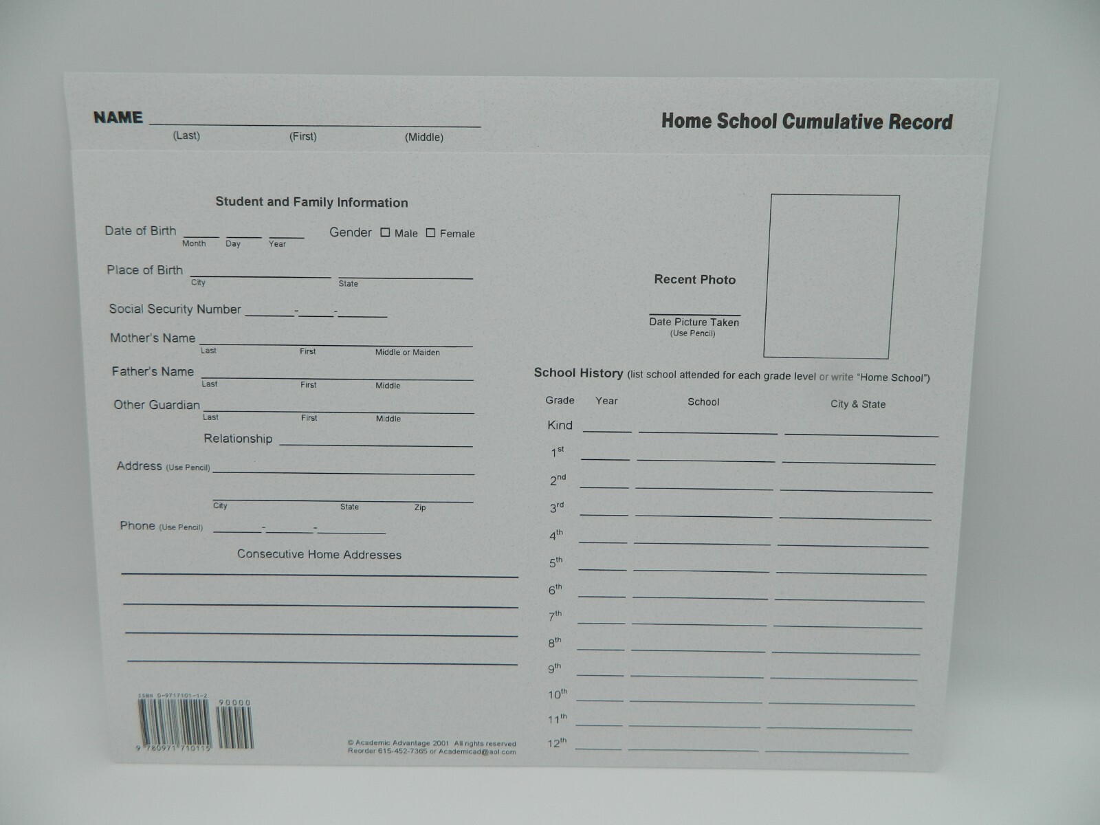 Homeschool Transcript Cumulative, Pk of 10 use w. Abeka, BJU, Apologia Free Ship