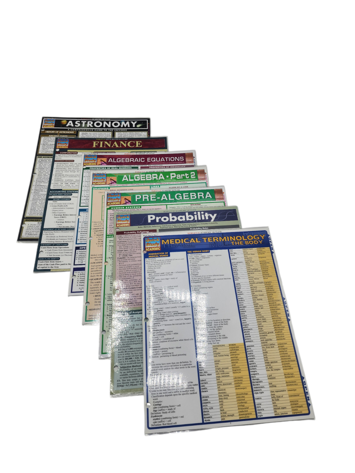 Lot of 7 Quick Study Type Academic Laminated Sheets Algebra Medical Astronomy