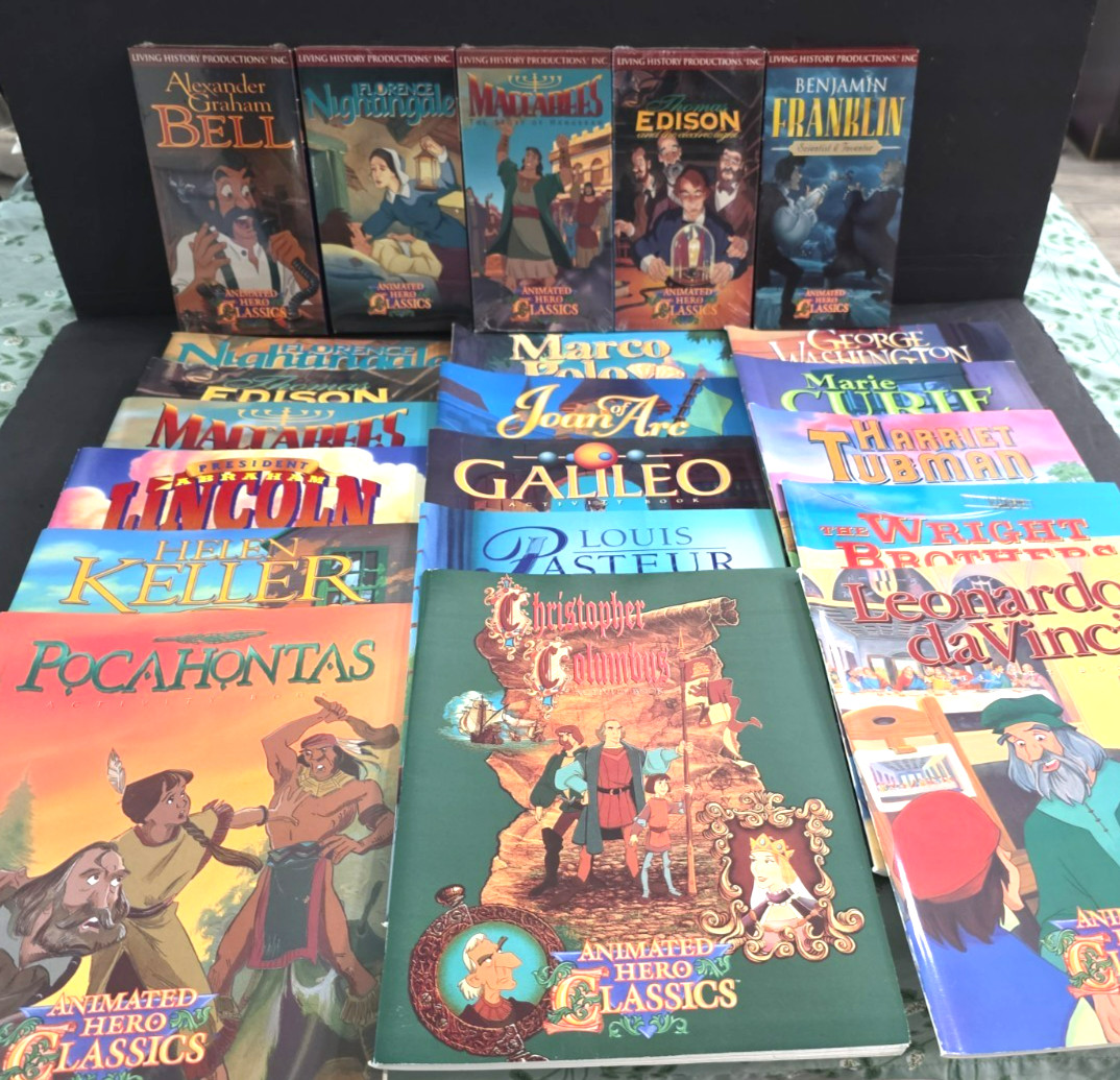 Vintage 1990’s Animated Classics Heros LOT of 16 Activity Books & 5 VHS Tapes