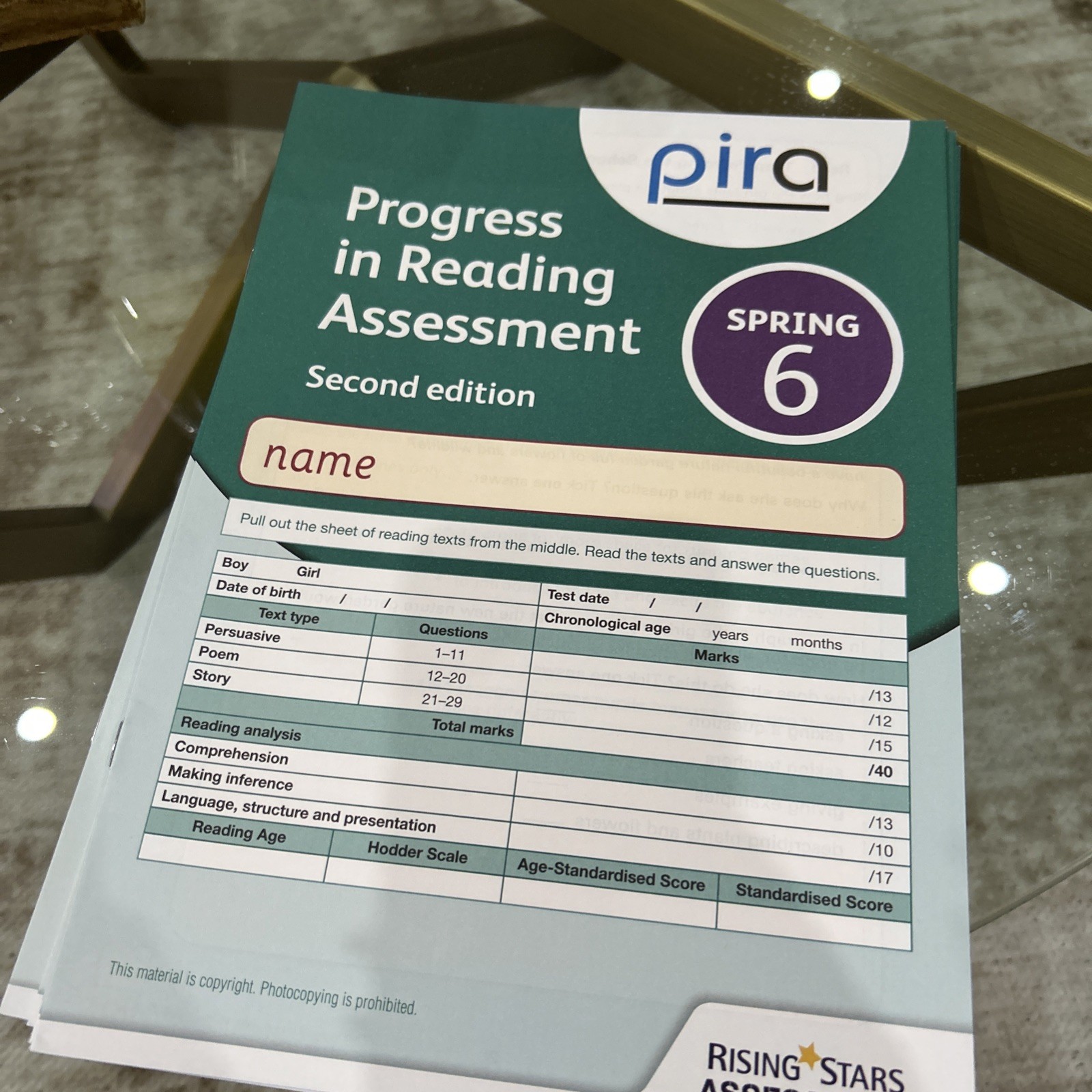 PIRA (PROGRESS IN READING ASSESSMENT) SPRING YEAR 6 TEST PAPER. NEW x1