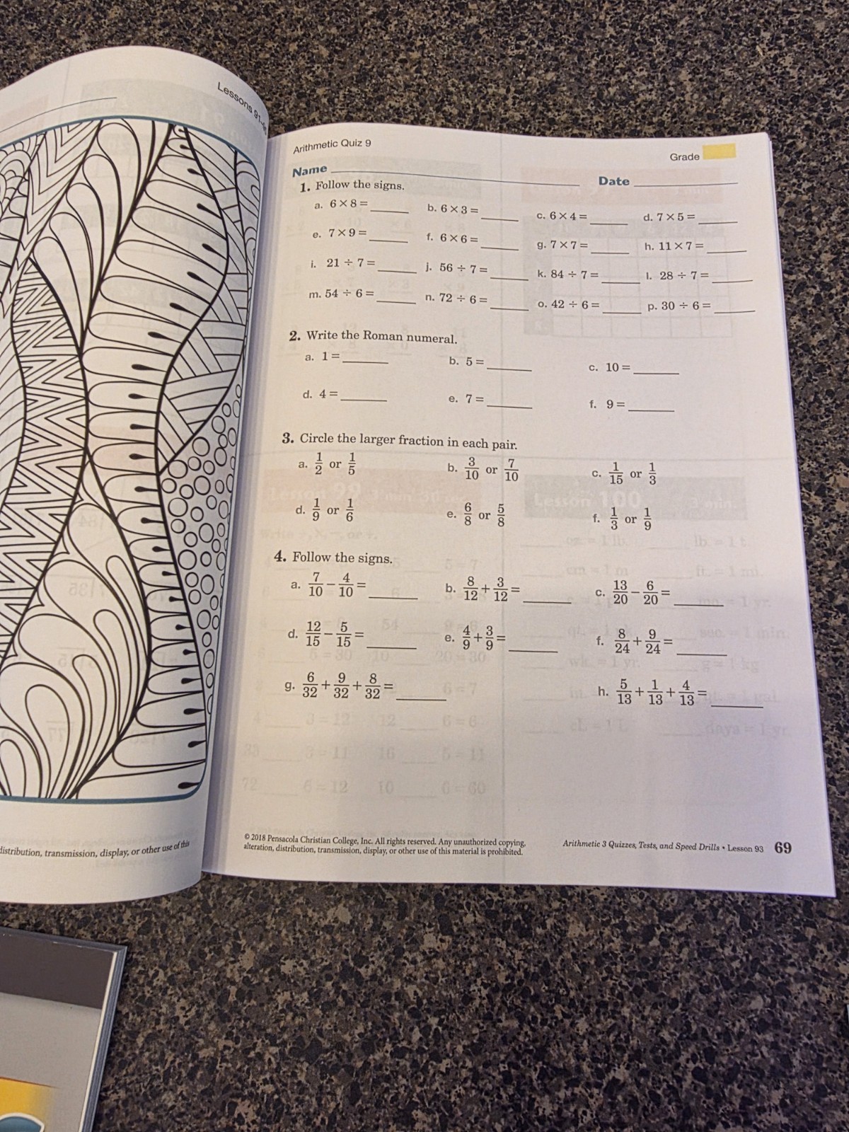 Arithmetic 3 Student Quizzes, Tests, and Speed Drills Workbook AND Answer Key