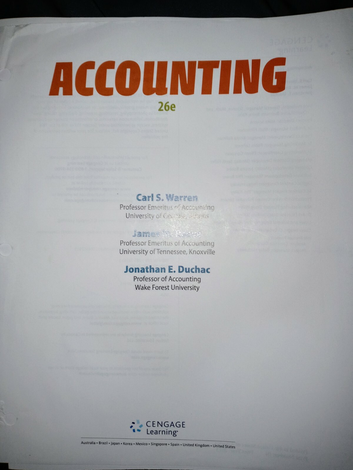 Accounting 26e Looseleaf by Warren, Reeve, Duchac (In binder, A few loose pages)