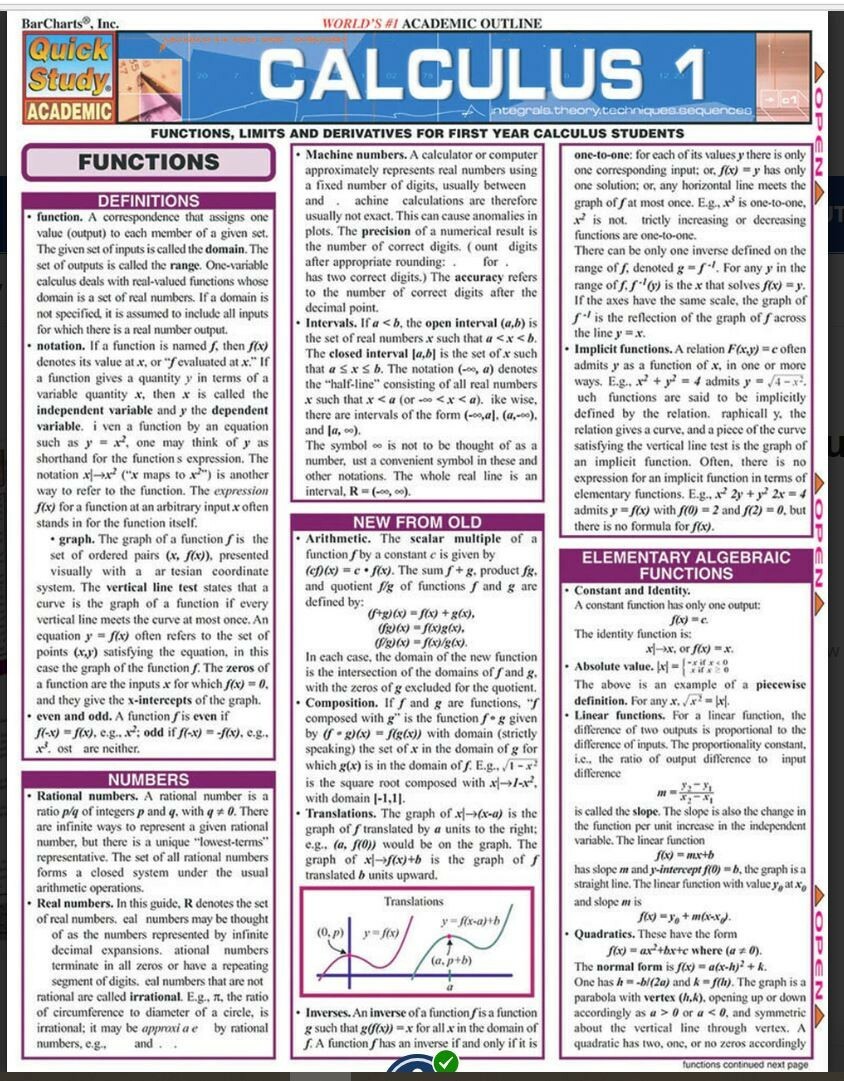 Quick Study Bar Chart: Calculus 1 Laminated Study Guide; Boost Grades Brand New