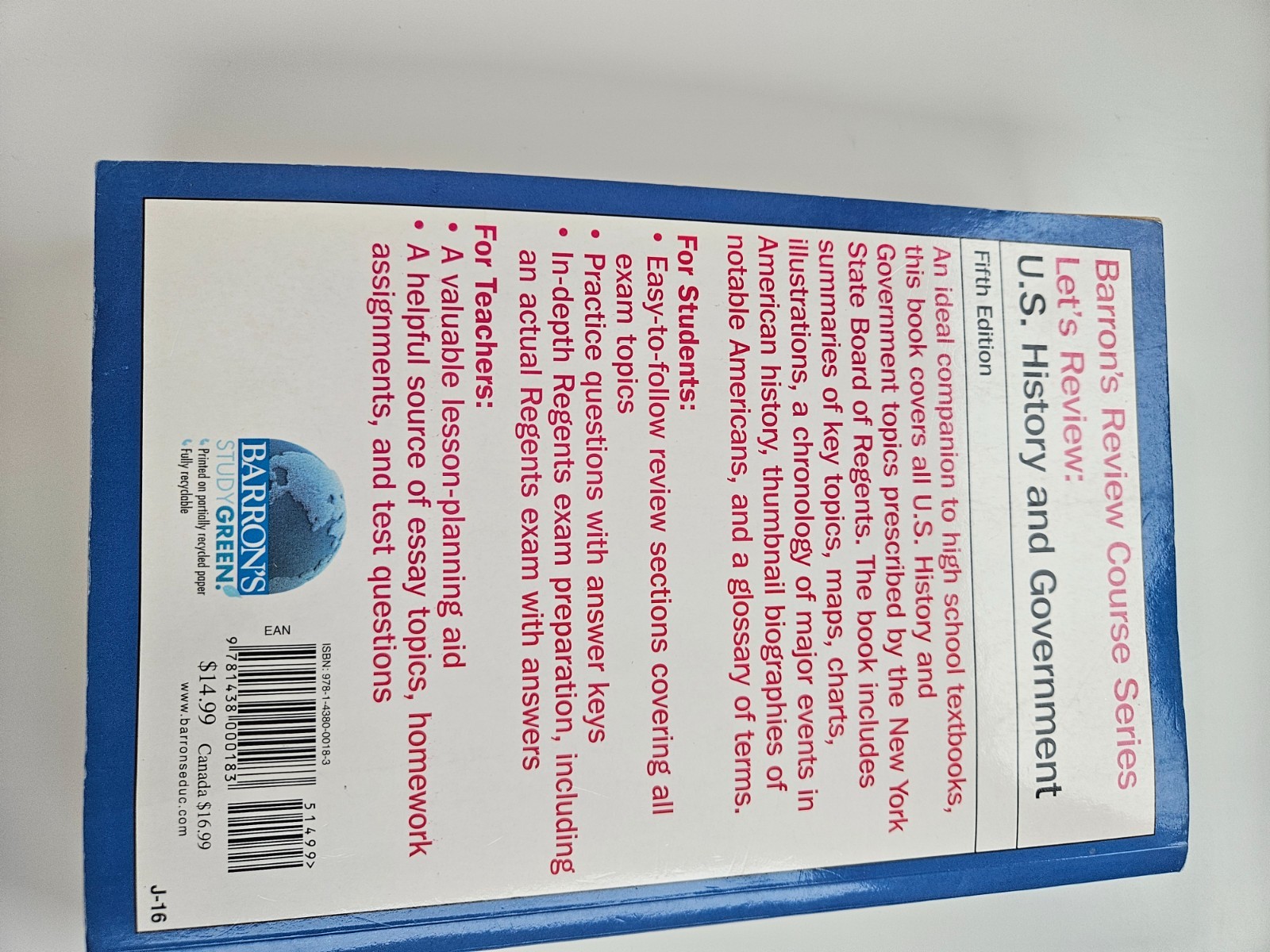 Let’s Review: US History & Government Barrons Review Course 5th Edition Used