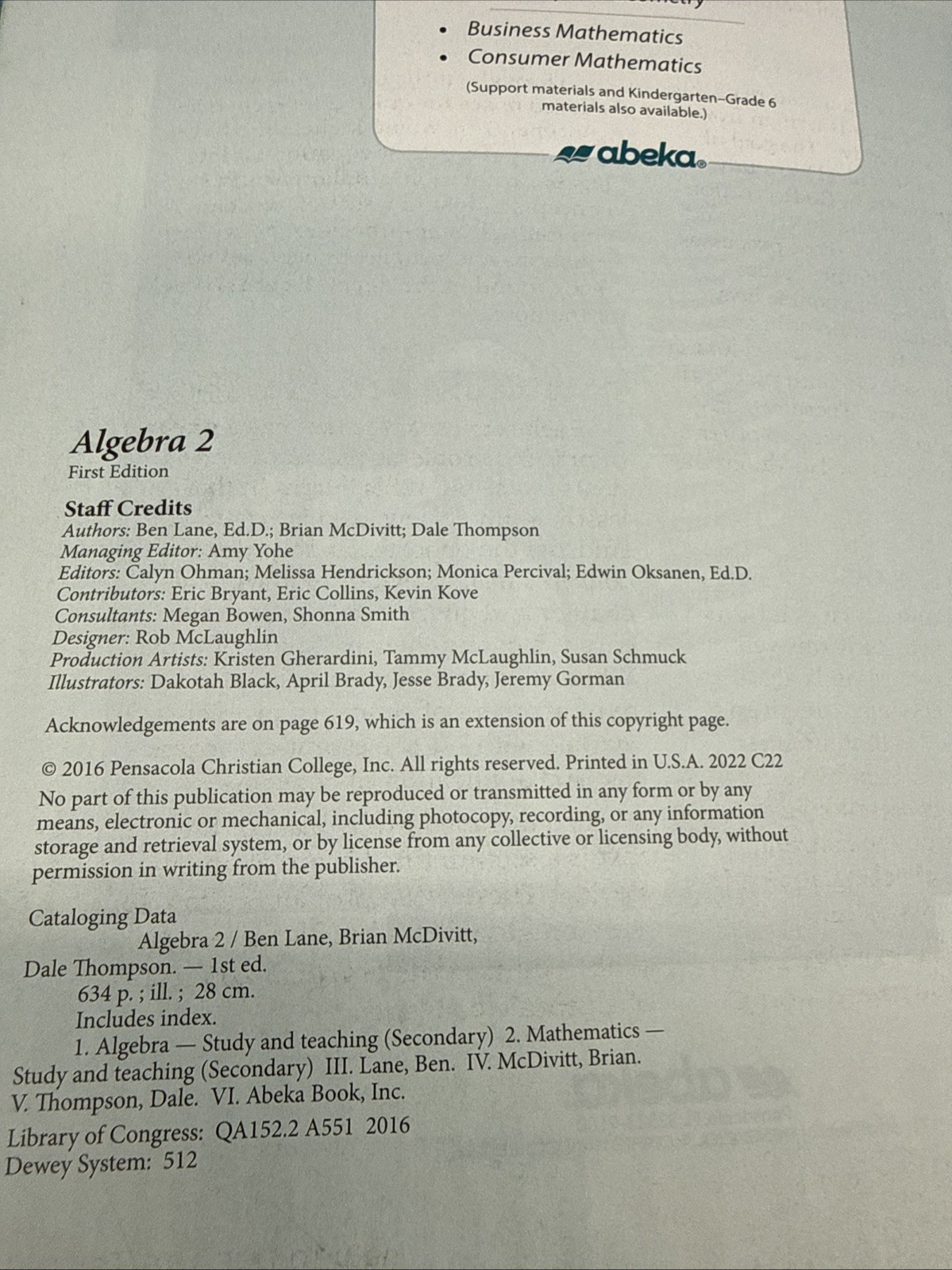 ABeka Algebra 2 Student Text (1st Edition) High School Math