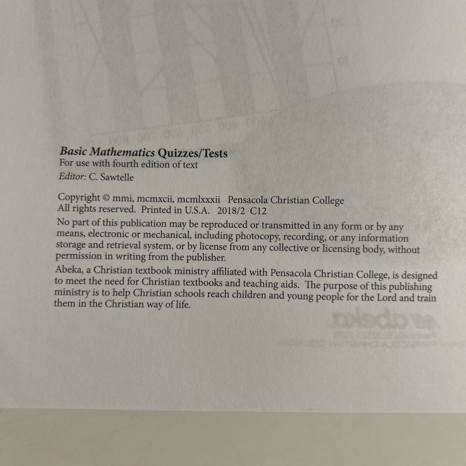 Abeka Basic Mathematics 7th Grade 5th Edition Teacher Quiz/Test Key