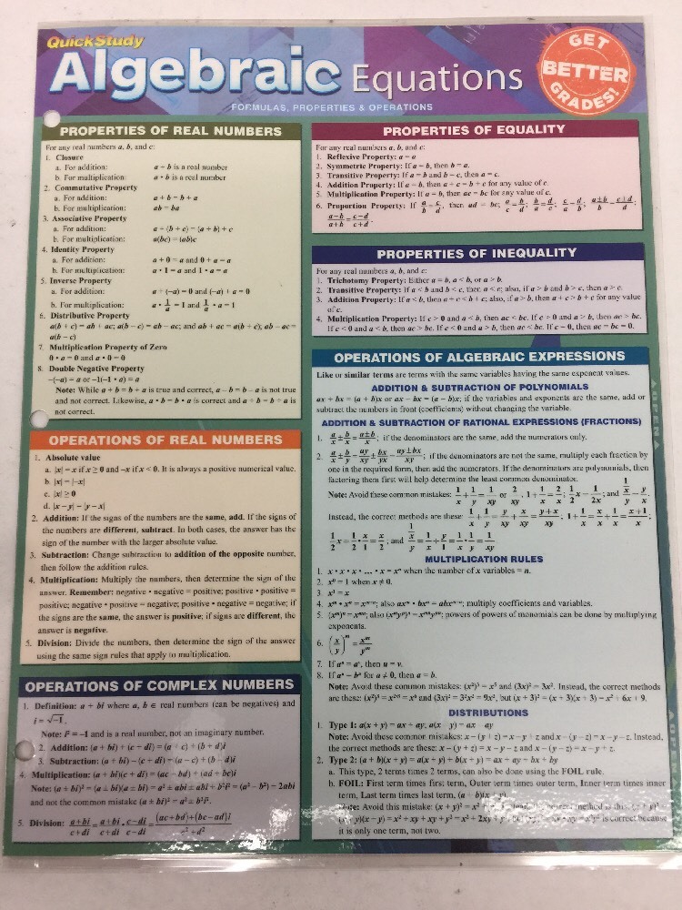 Barcharts Algebraic Equations Quick Study Guide