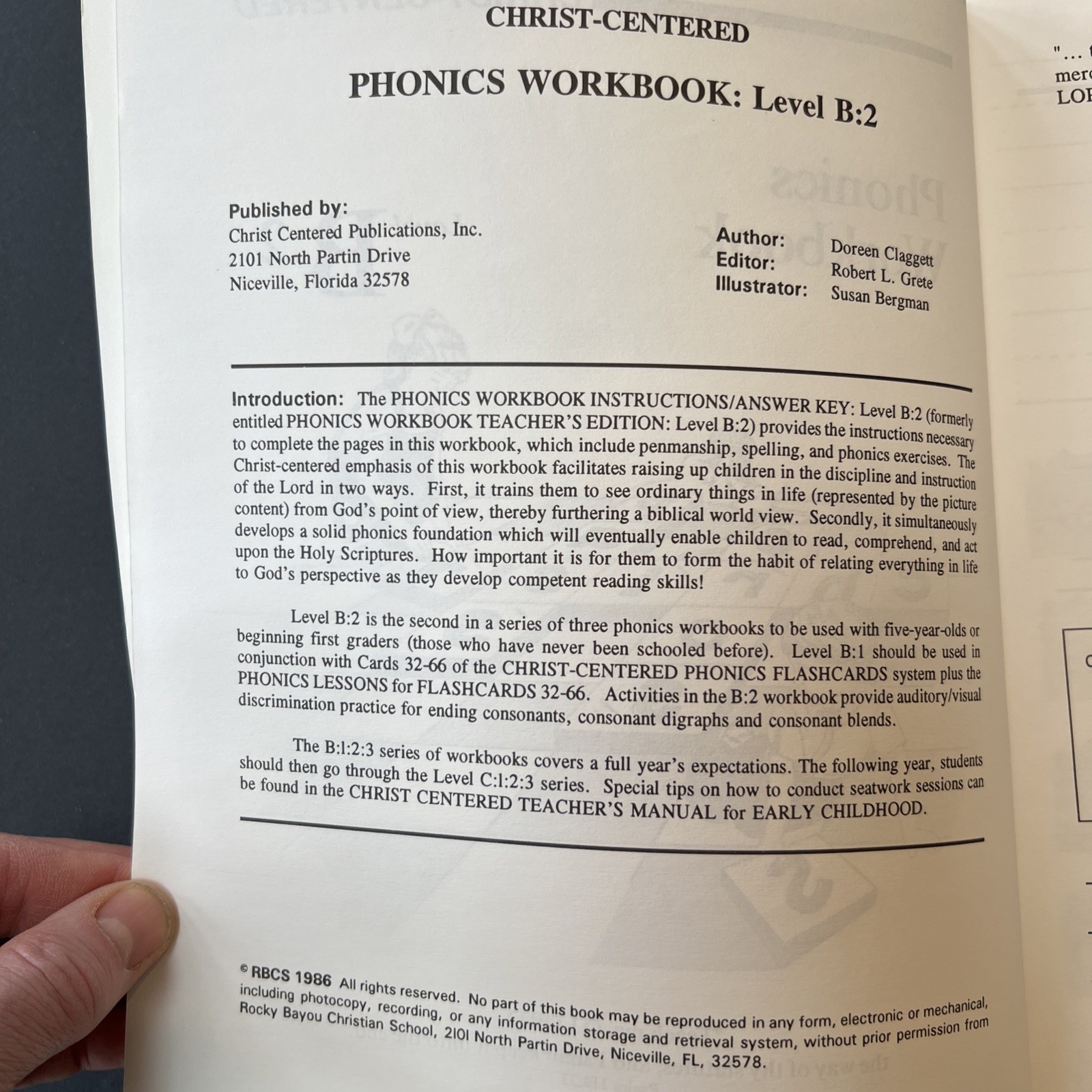 Christ-Centered Phonics Workbook & Answer Key Level B:2, unused, like-new