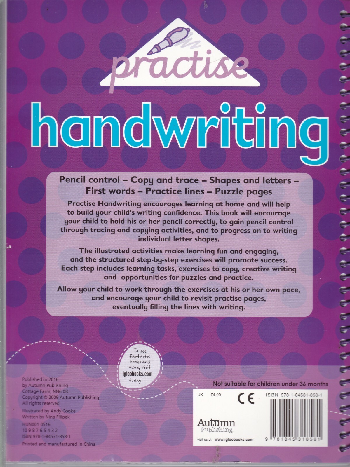 HANDWRITING PRACTISE AGE 3+ LEARNING ACTIVIY WORKBOOK 128 PAGES A4 9781845318581