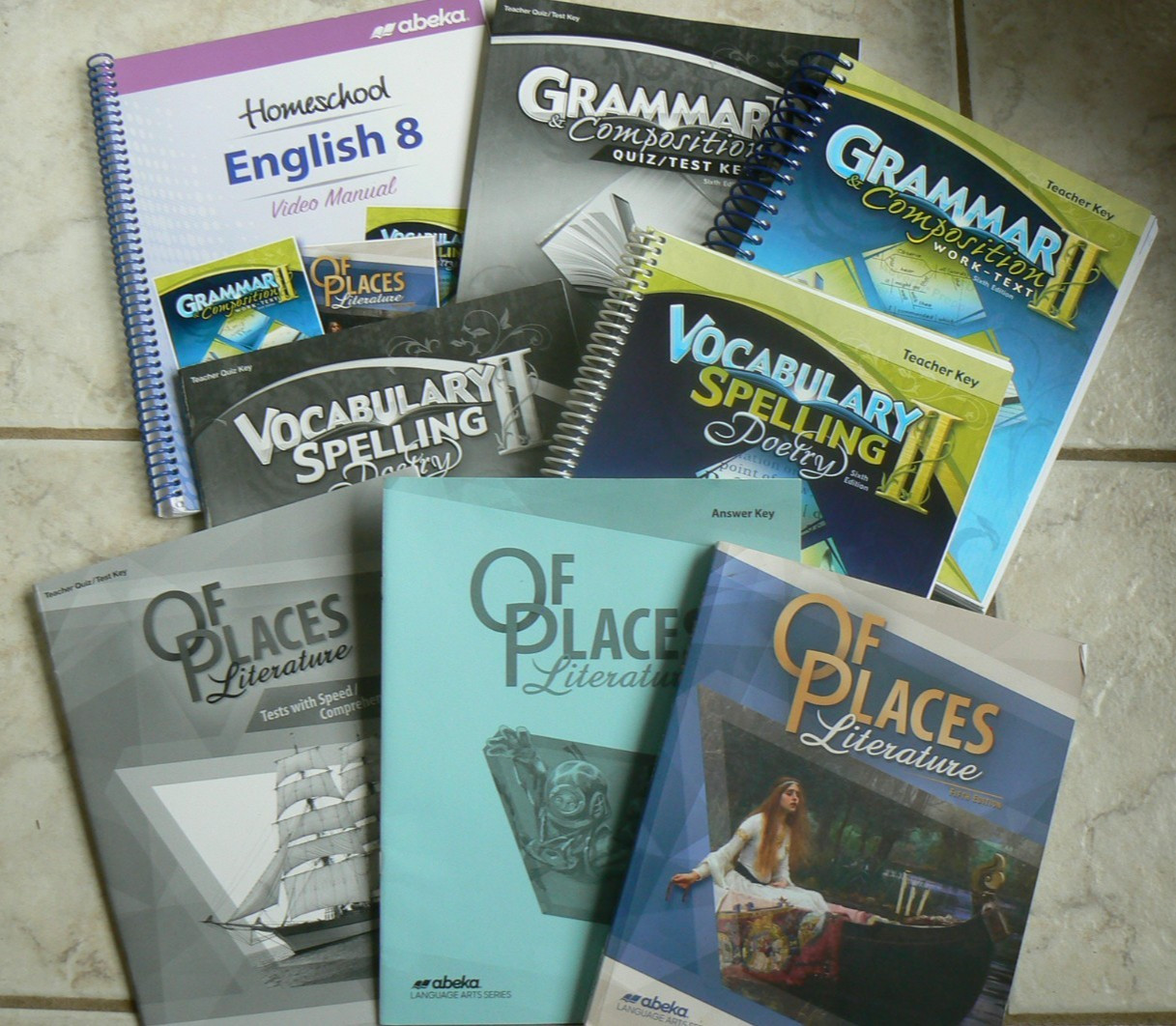 ABeka gr.8 CURRENT 8-pc Language Arts LOT,Of Places,Grammar II,Spelling II&Manua