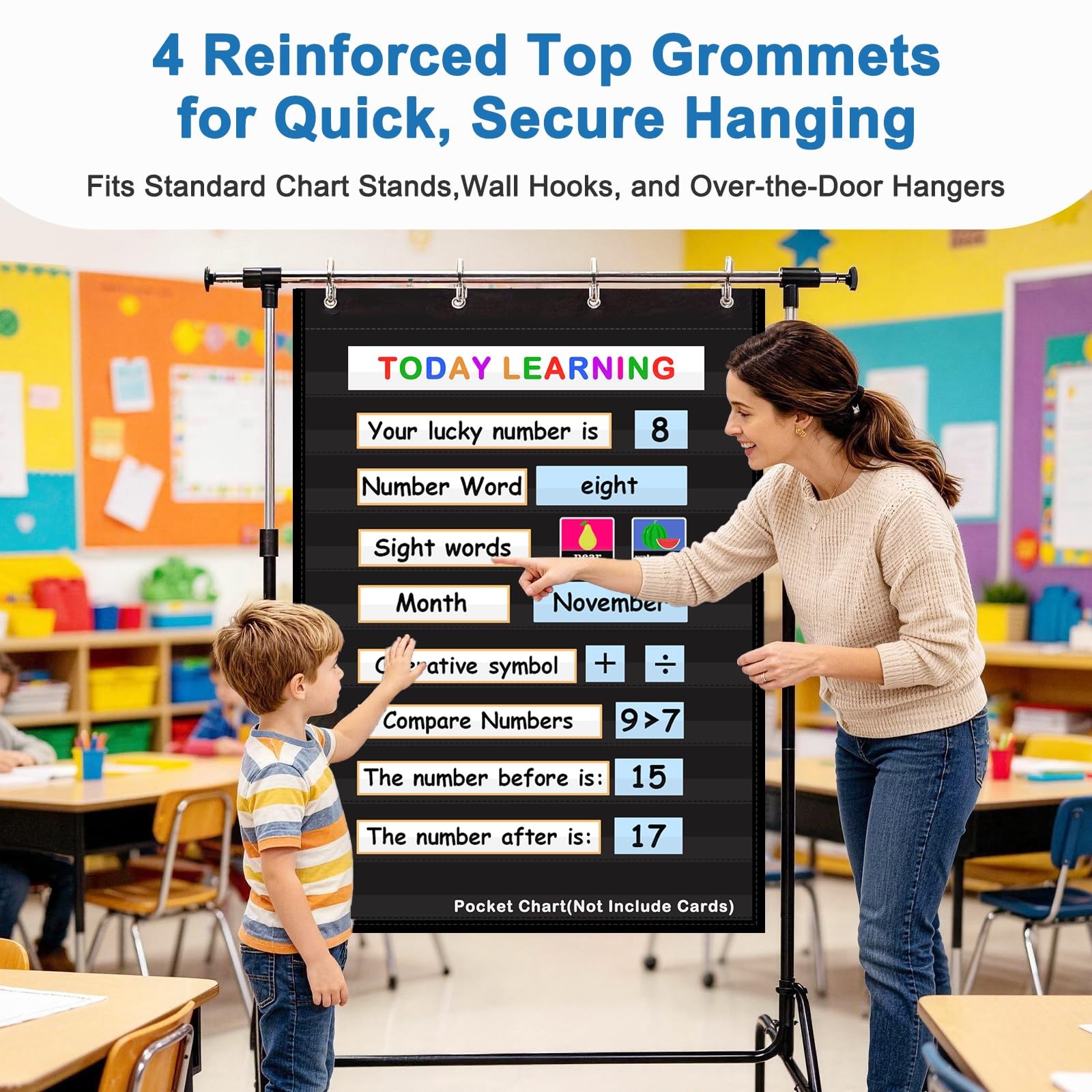 AUVCAS Standard Pocket Chart for Classroom & Homeschool, 43″L x 28″W, Black