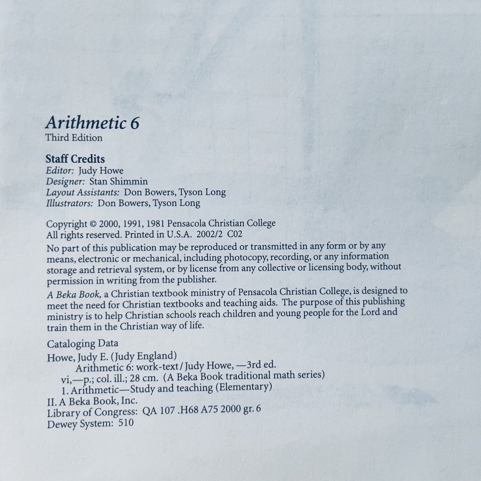 A Beka Book Arithmetic 6 Work Text Teacher Edition 3rd Edition 2002 Traditional