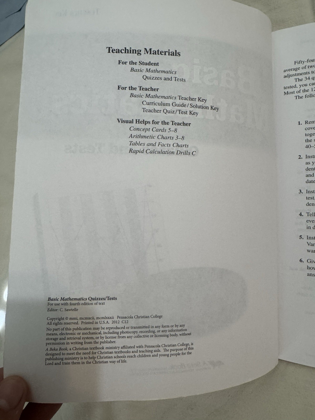 Abeka Basic Mathematics Teacher Quiz/Test Key Grade 7 4th Edition& Materials
