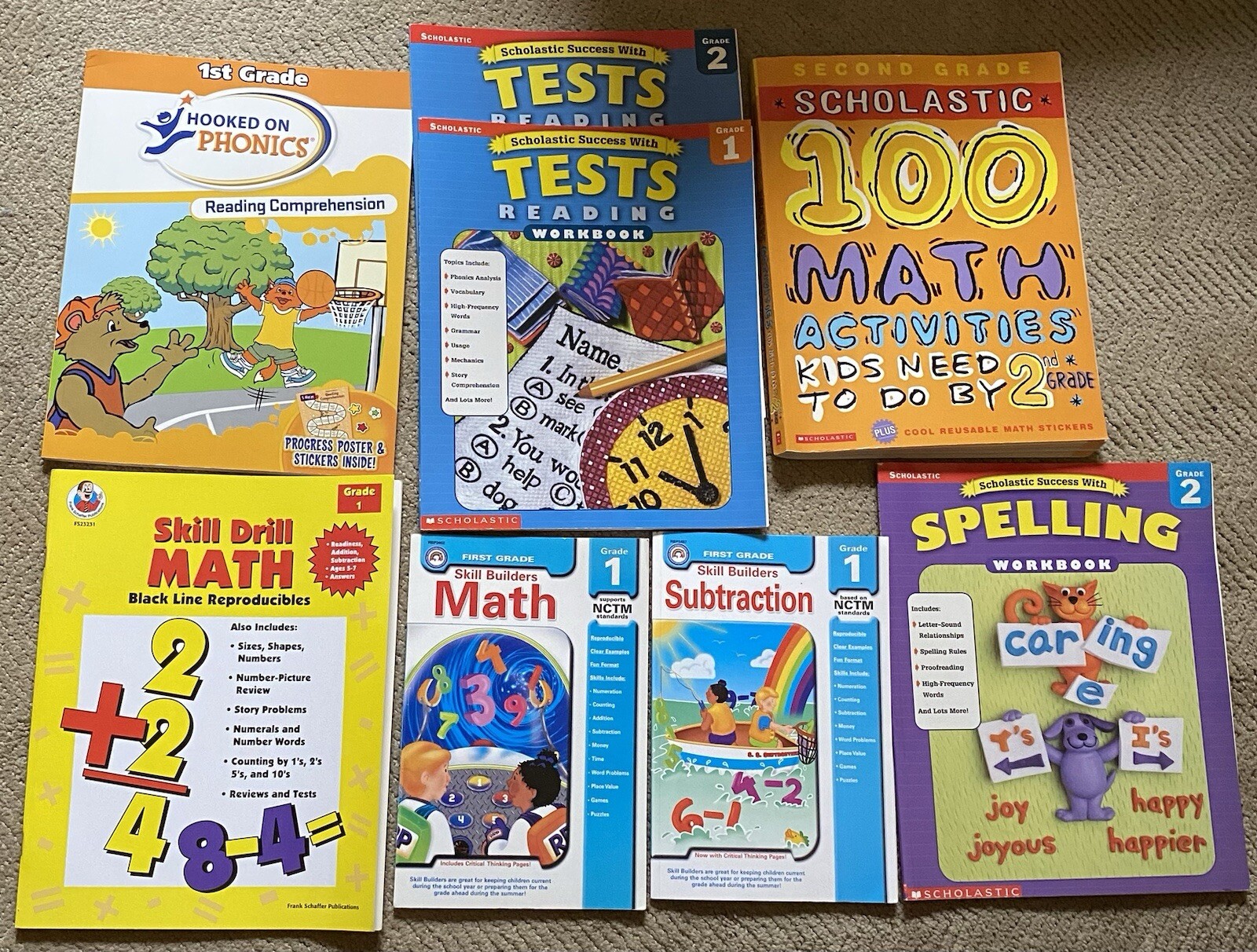 Scholastic, Hooked on Phonics, Skill Drill, Builders Math 1st 2nd Grade Book Lot
