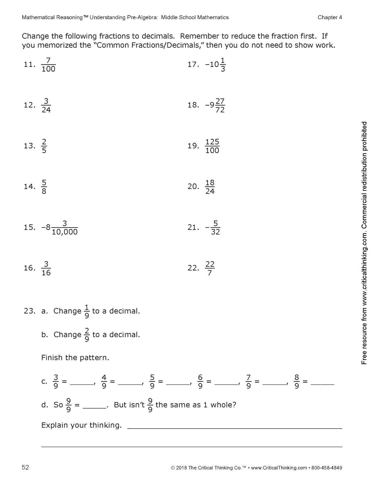 Understanding Pre-Algebra Middle School Mathematics Workbook for 6th-8th Grade