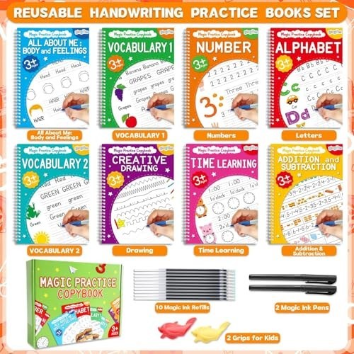 8 Pack Reusable Magic Writing Practice Books for Kids – Handwriting, Numbers, Ma