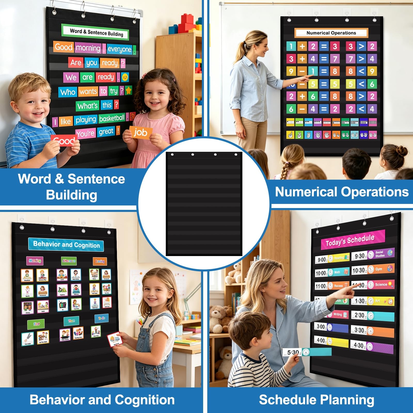 AUVCAS Standard Pocket Chart for Classroom & Homeschool, 43″L x 28″W, Black