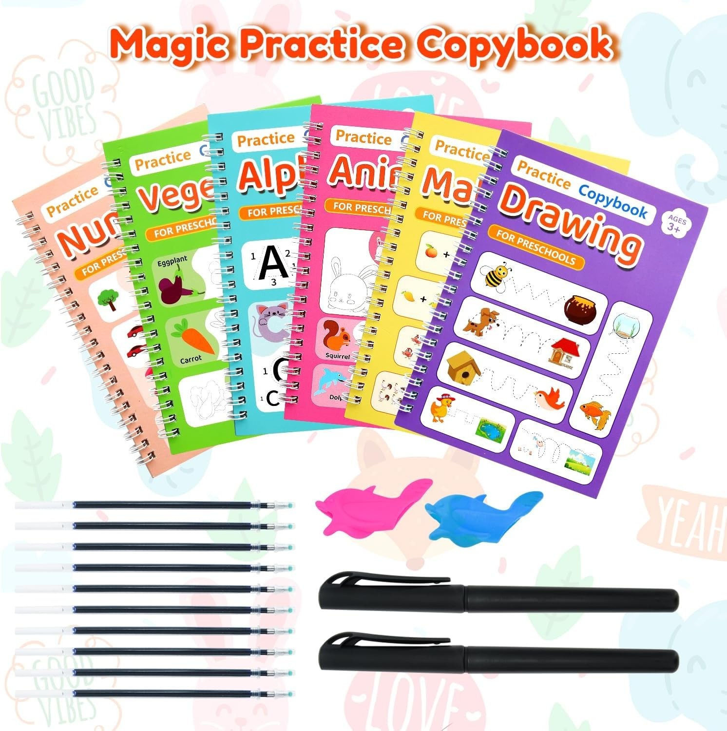 Magic Grooved Writing Practice Workbooks for Kids Ages 3–8, Reusable Set of 6