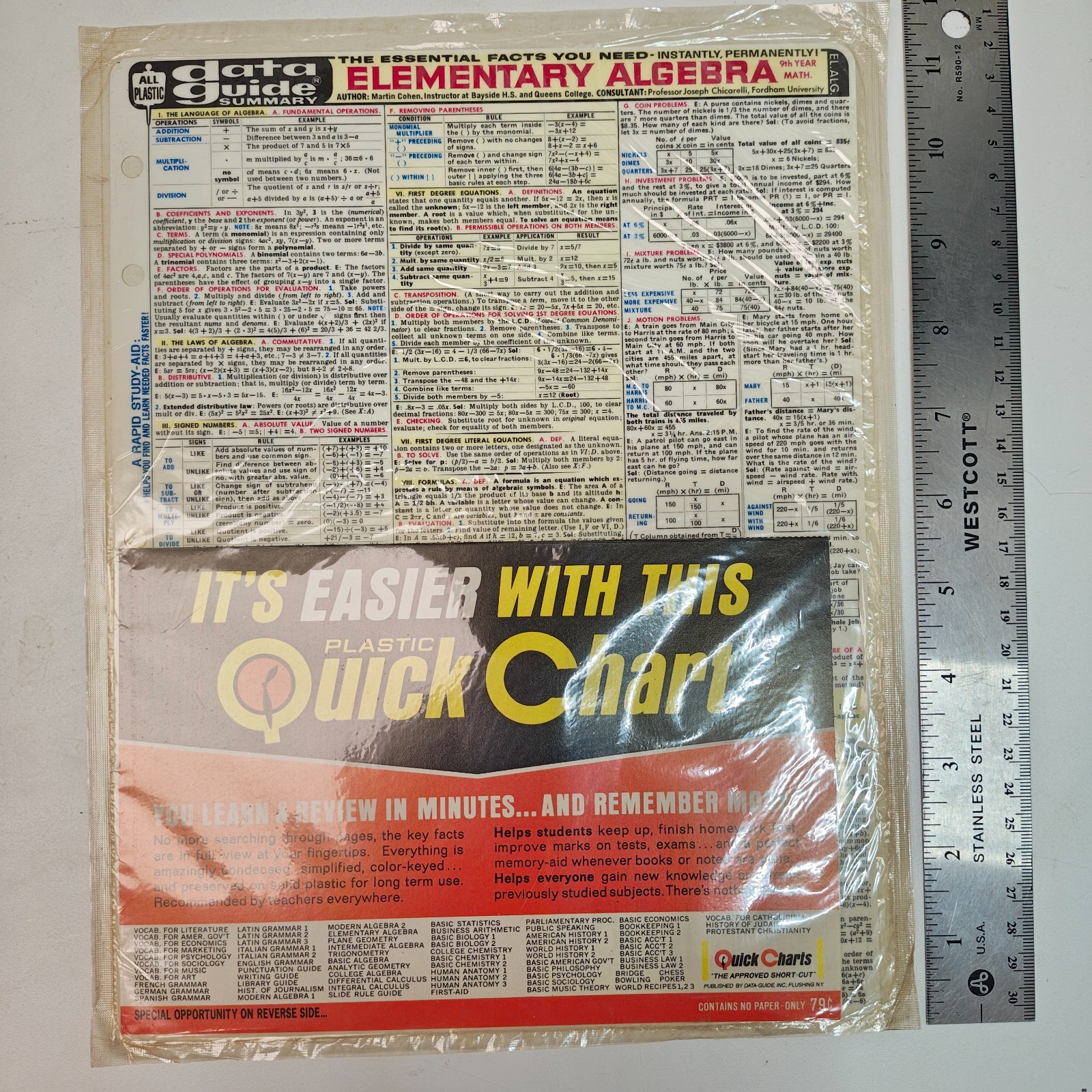 Elementary Algebra Data-Guide Quick Chart Plastic Reference Sheet Vintage 1963