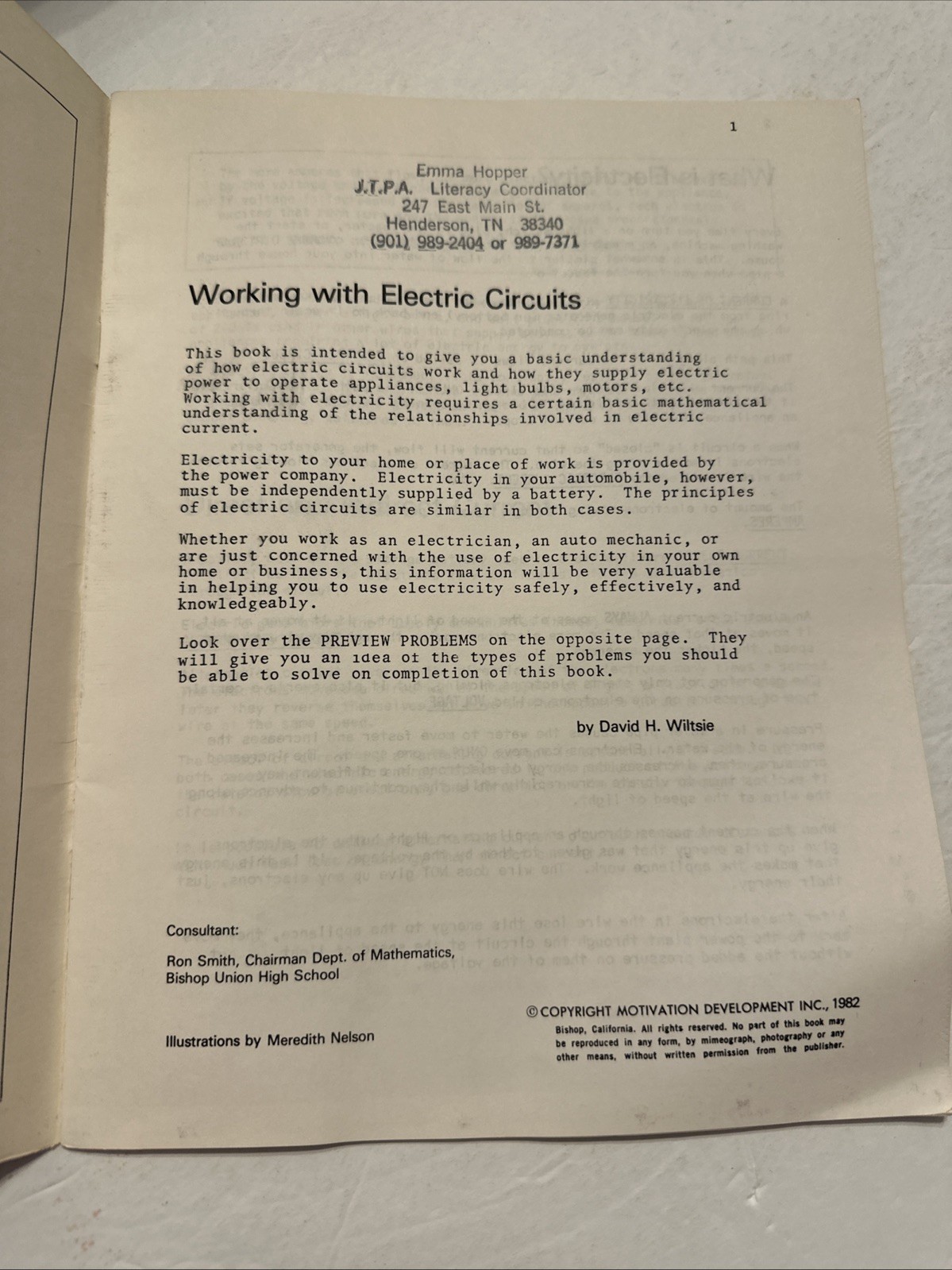 Working with Electric Circuits David Wiltsie MDI 1986 Math Workbook