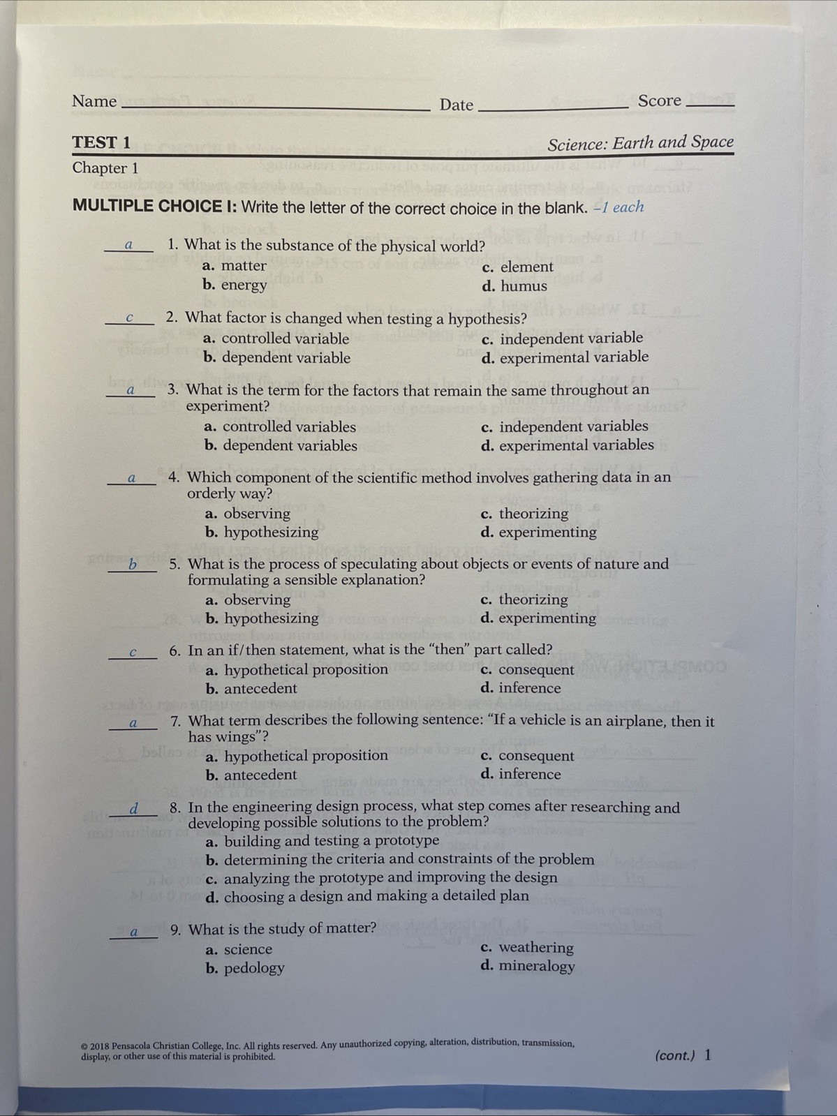 ⚡️🔑ABEKA 8th Grade SCIENCE EARTH AND SPACE Teacher Test Key