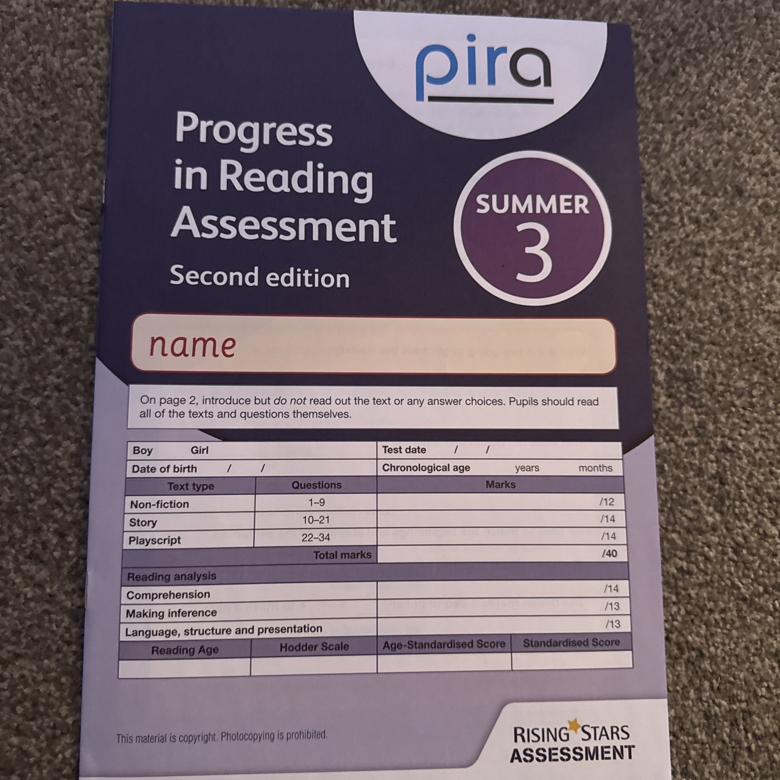 PIRA (PROGRESS IN READING ASSESSMENT) Y3 full set of test papers. Aut, spr, sum