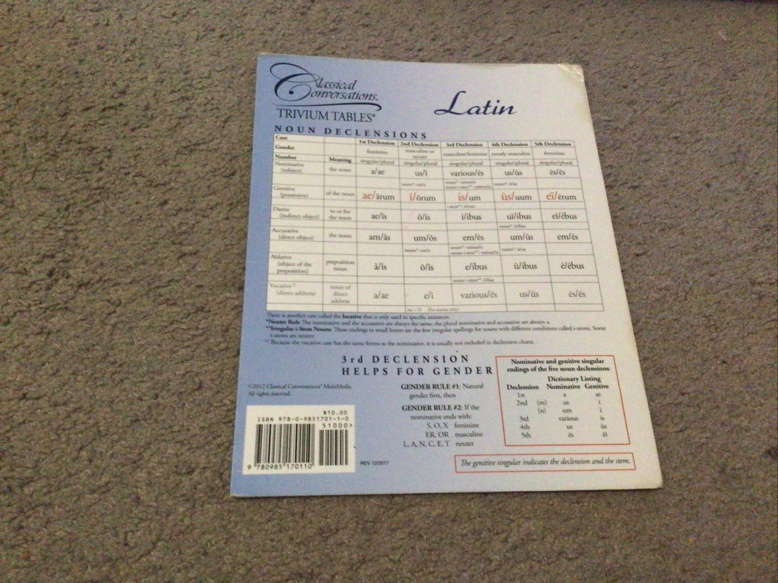 Classical Conversations Latin Trivium Tables Wipe-Off