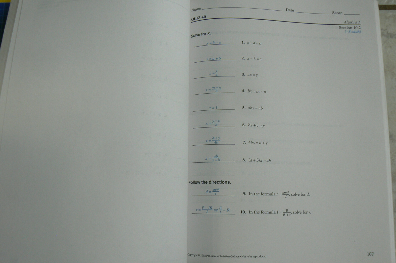 ABeka Algebra 1, 2nd Ed.Solution Key & Test/Quiz Key A Beka 2002