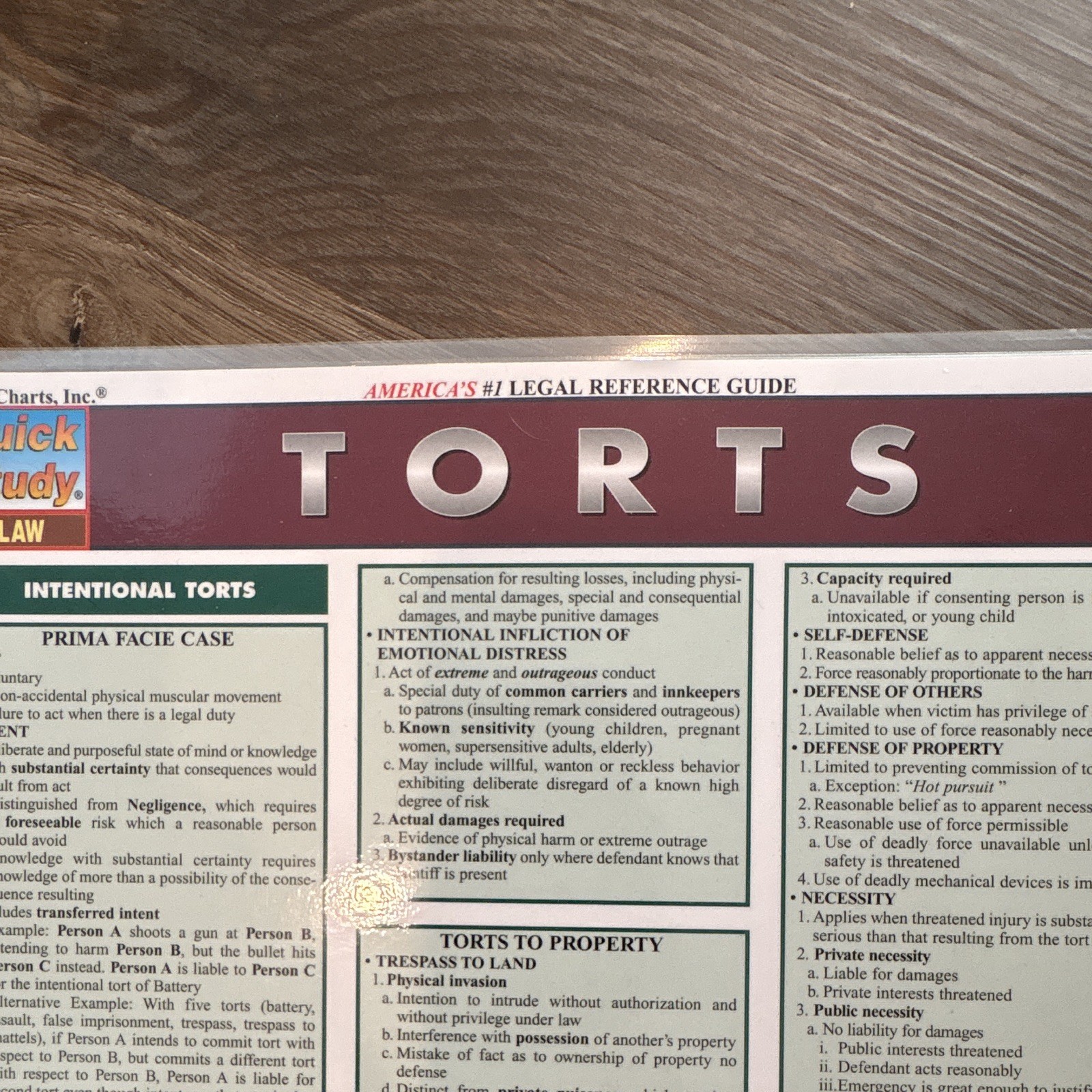 Bar Charts Inc Torts Quick Study Law Study Guide Legal Reference