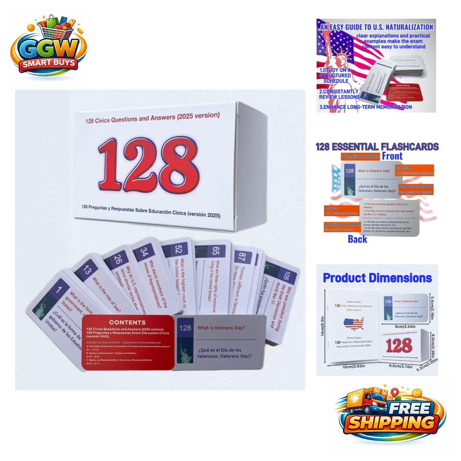 Portable Bilingual Flashcards for US Civics – 128 Key Questions & Answers