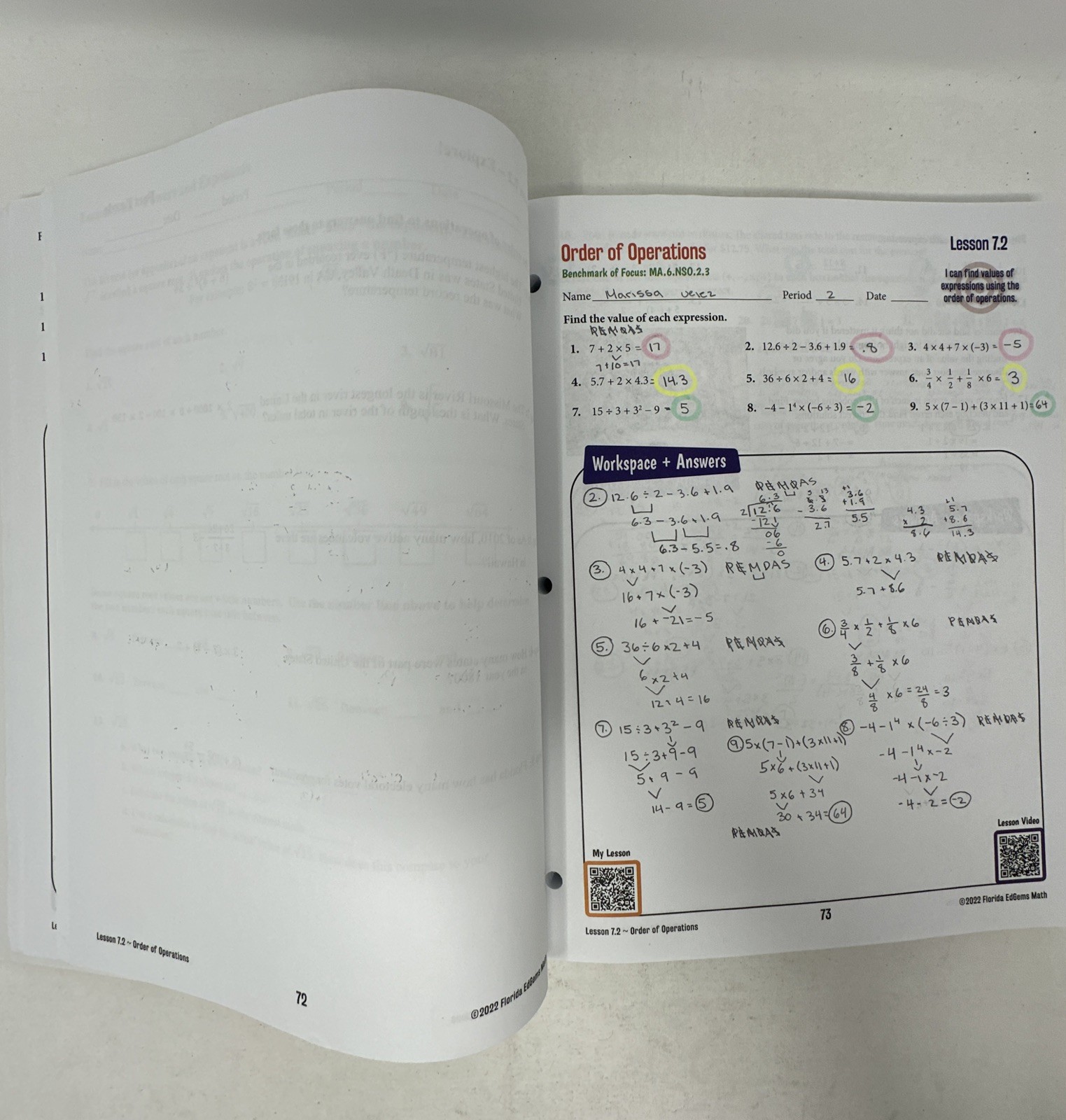 Florida B.E.S.T. Course 1 MATH – Explore! & Exercises Workbook Volume 2 Mccaw