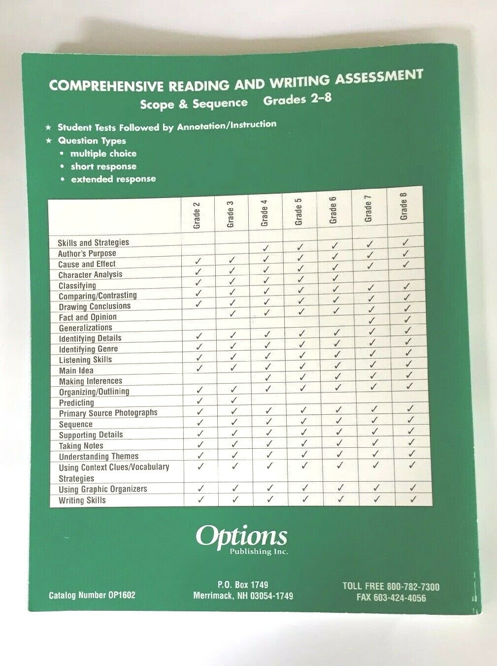 Comprehensive Reading Writing Assessment 4 by Options Publ Reproducibles 2003