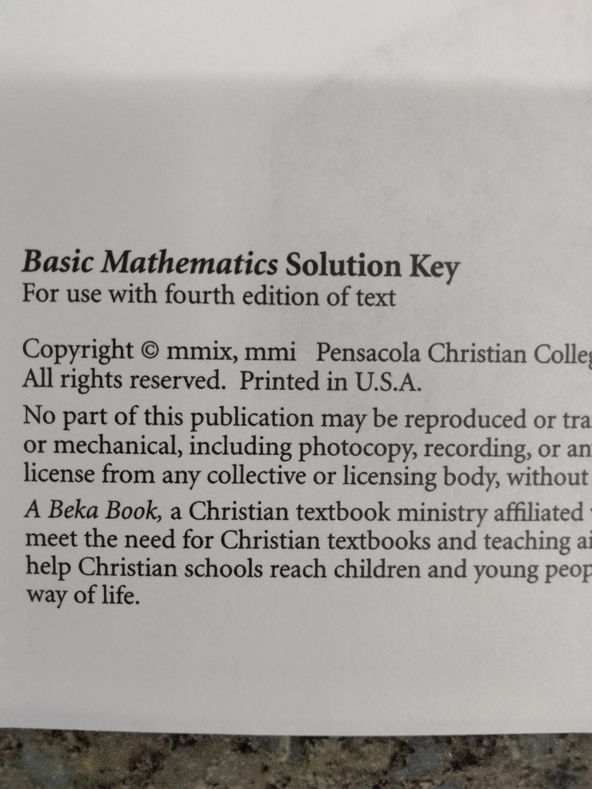 A Beka Basic Mathematics in Christian Perspective 7 Solution Key 4th Edition