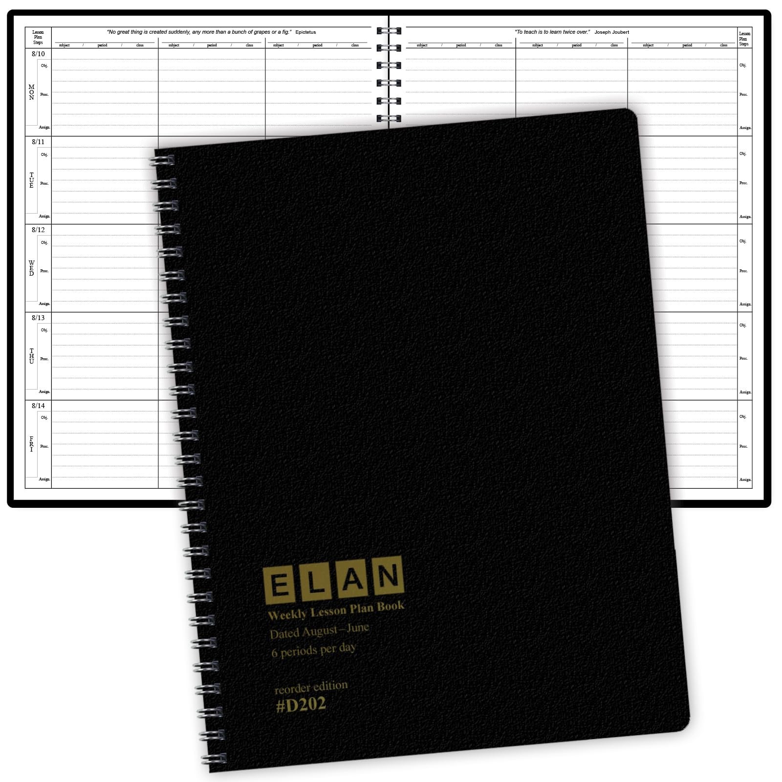 Dated Teacher Lesson Planner 2026-2027, 6 Periods, Vertical Layout, Black Cover