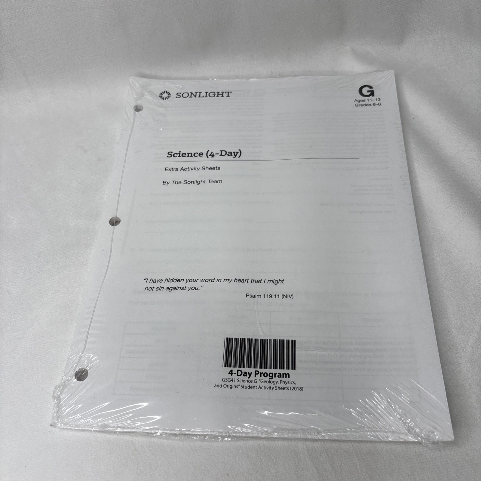 SONLIGHT SCIENCE (4-Day) Extra Activity Sheets Level G Ages 11-13 Grades 6-8