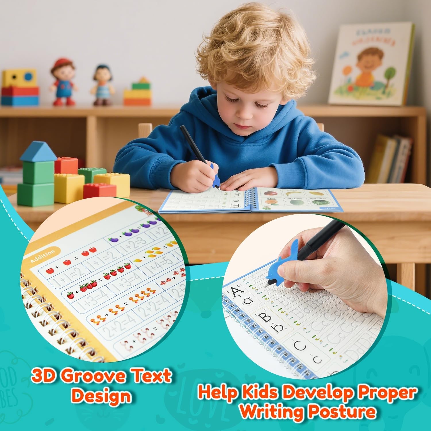 Magic Grooved Writing Practice Workbooks for Kids Ages 3–8, Reusable Set of 6